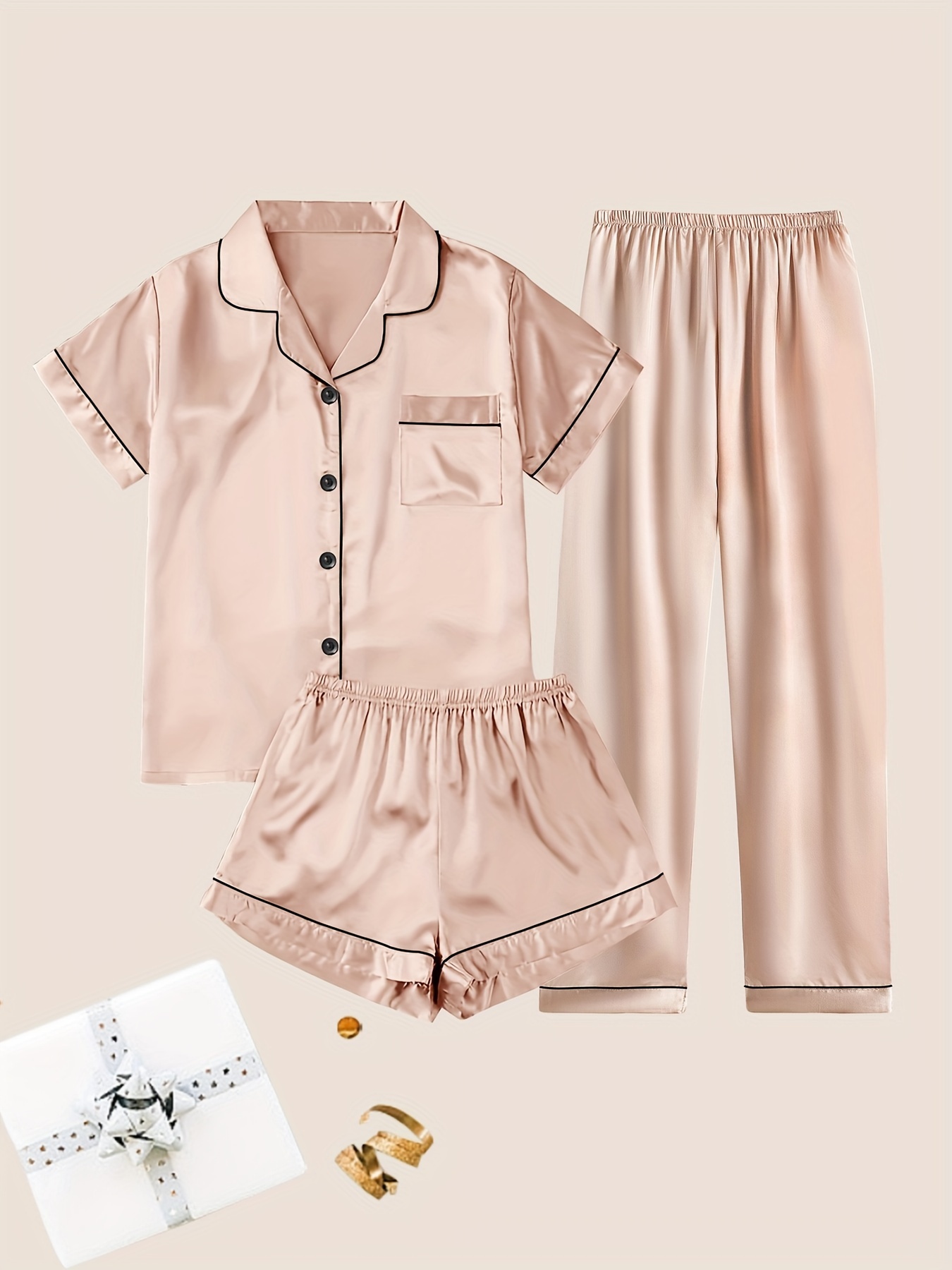 womens solid satin casual pajama set short sleeve buttons lapel top shorts pants comfortable relaxed   gold 0