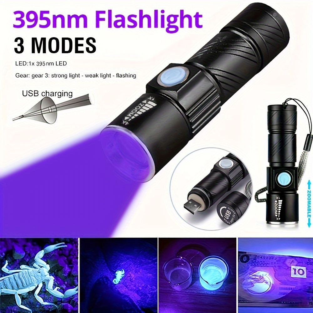 

1pc Uv 395nm Flashlight, Usb Rechargeable, Zoomable Ultraviolet Lamp, 3 Modes Mini Torch, Blacklight, For Pet Cat Moss Urine Detection Light, Home, Outdoor, Camping, Fishing Lantern