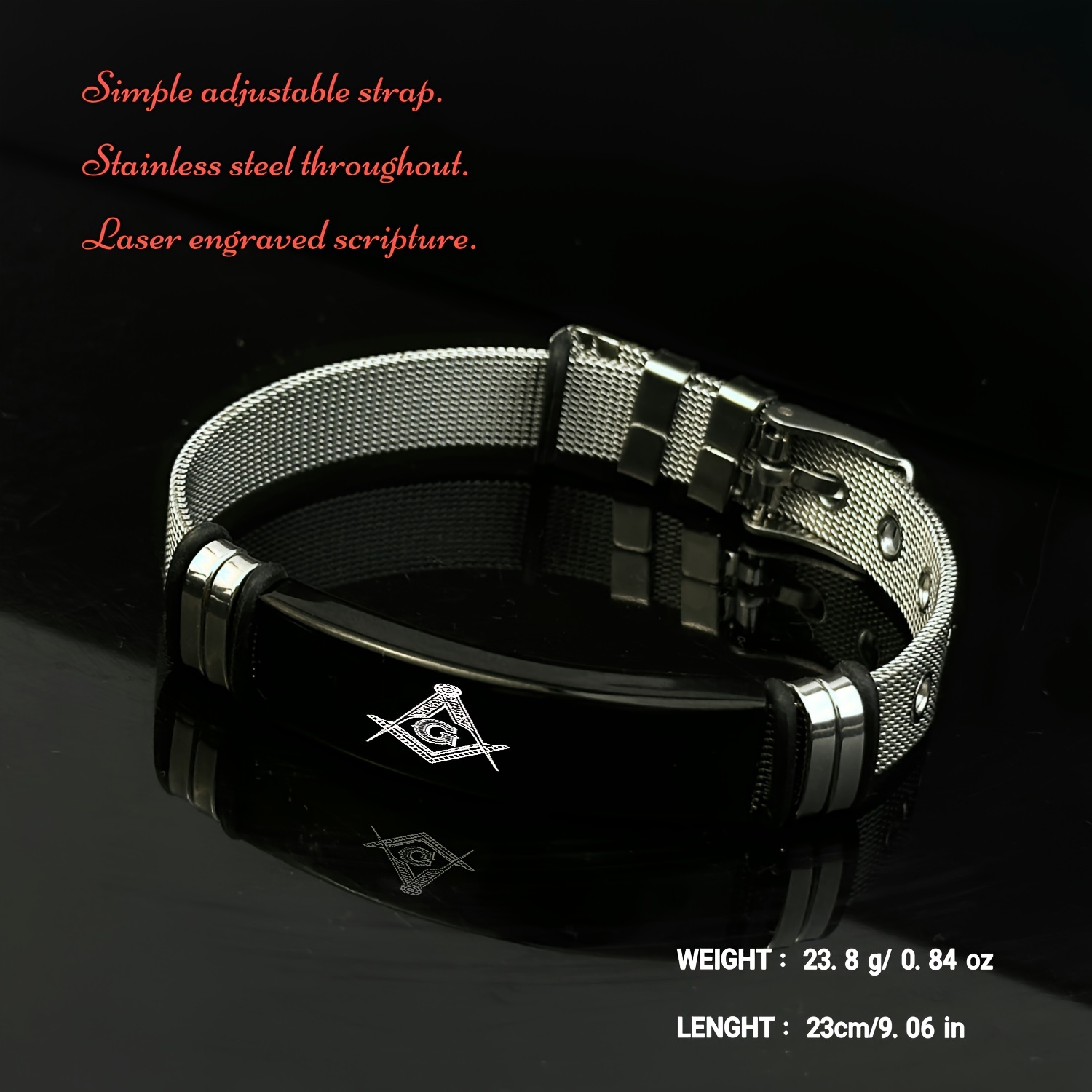 Men's Adjustable Stainless Steel Bracelet with Masonic Symbol