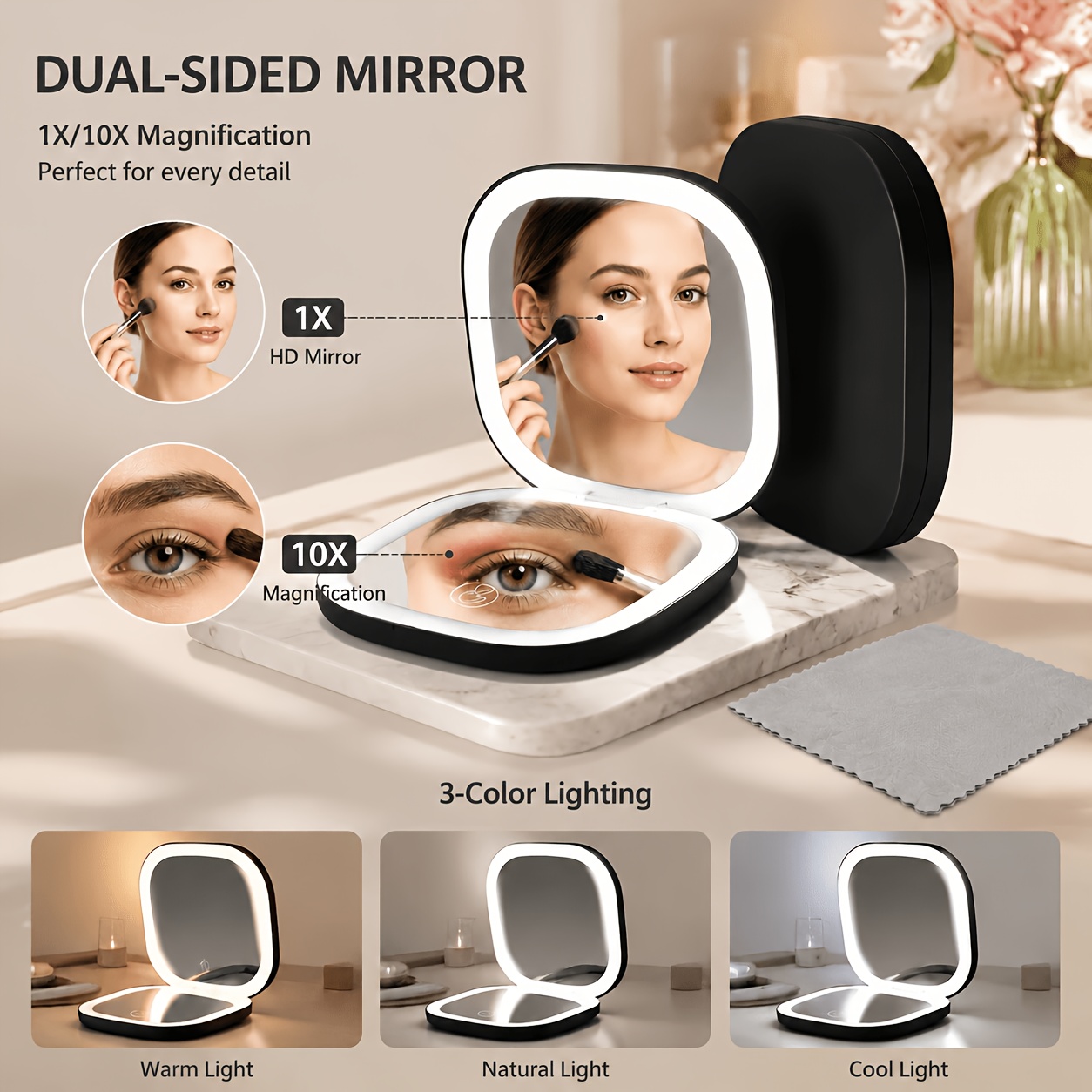 TEMU A Usb-powered Touch-control Led Makeup Mirror With 10x Magnification For Detailed Lip And Eye Makeup Application. Includes A Complimentary