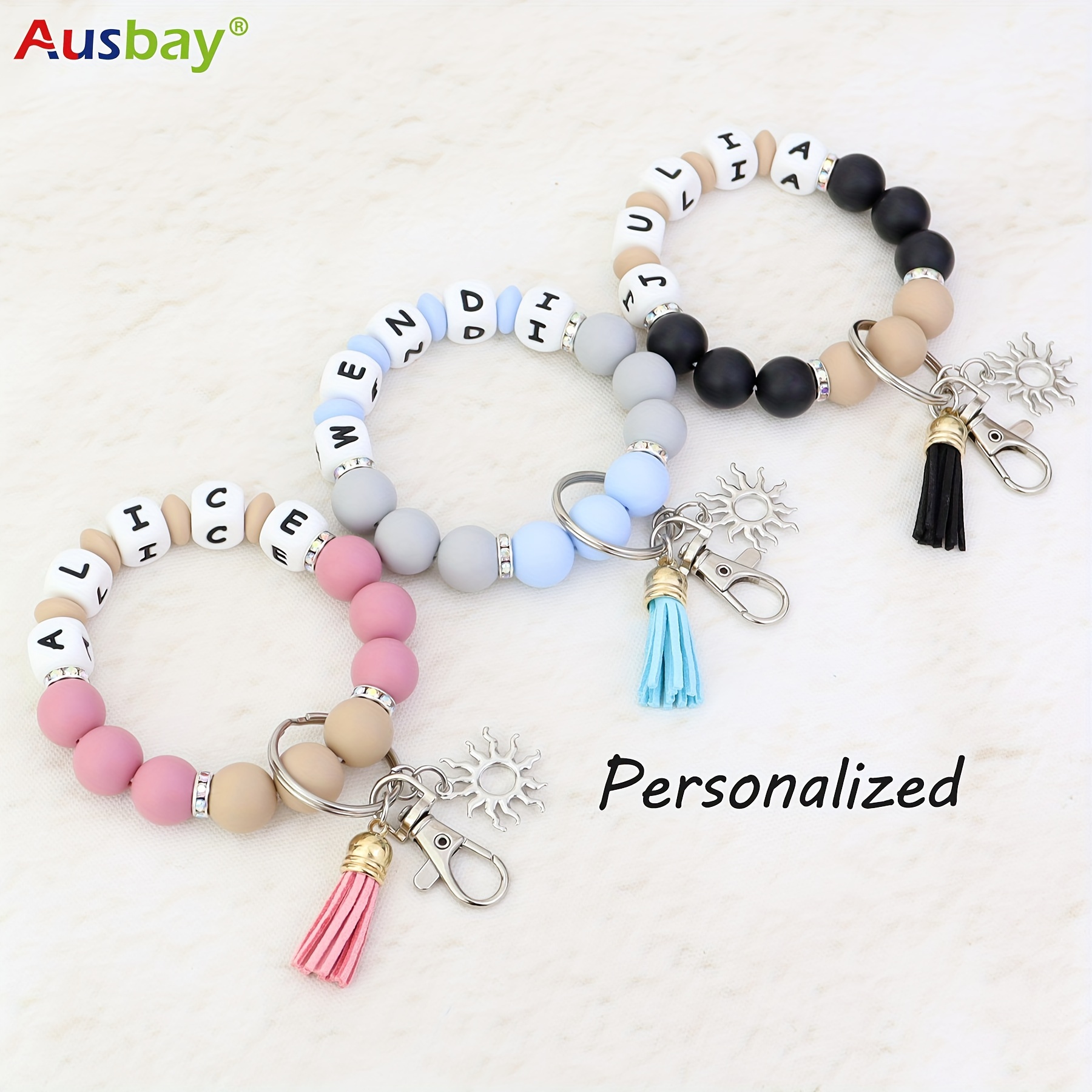 

1pc Ausbay Custom Silicone Bead Keychain With Personalized Name Tag, Fashionable Tassel Charm, Round Beaded Key Ring For Women, Christmas Gift, Lobster Clasp Closure