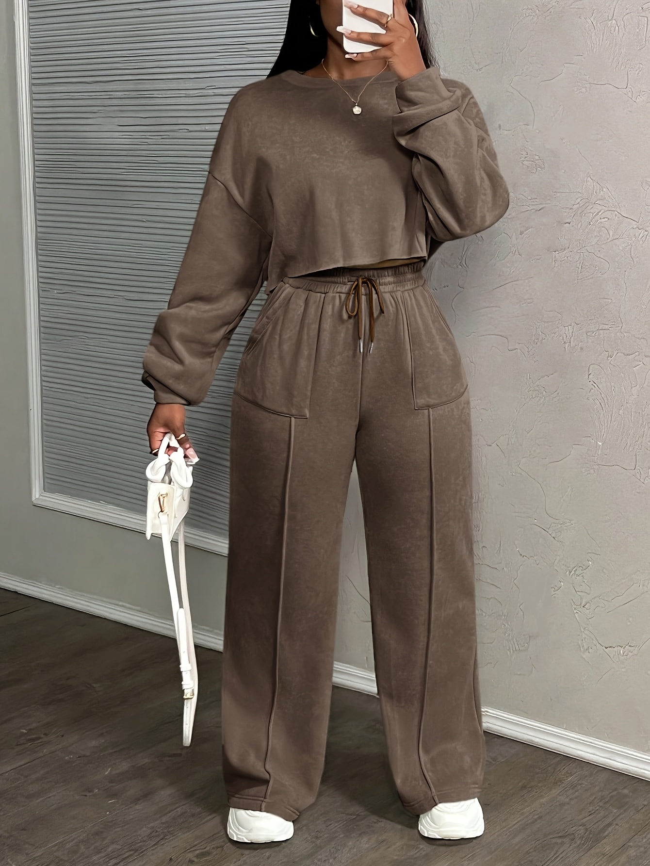 Women's Solid Color Casual Street Style Loose Pocket Drawstring swear Set
