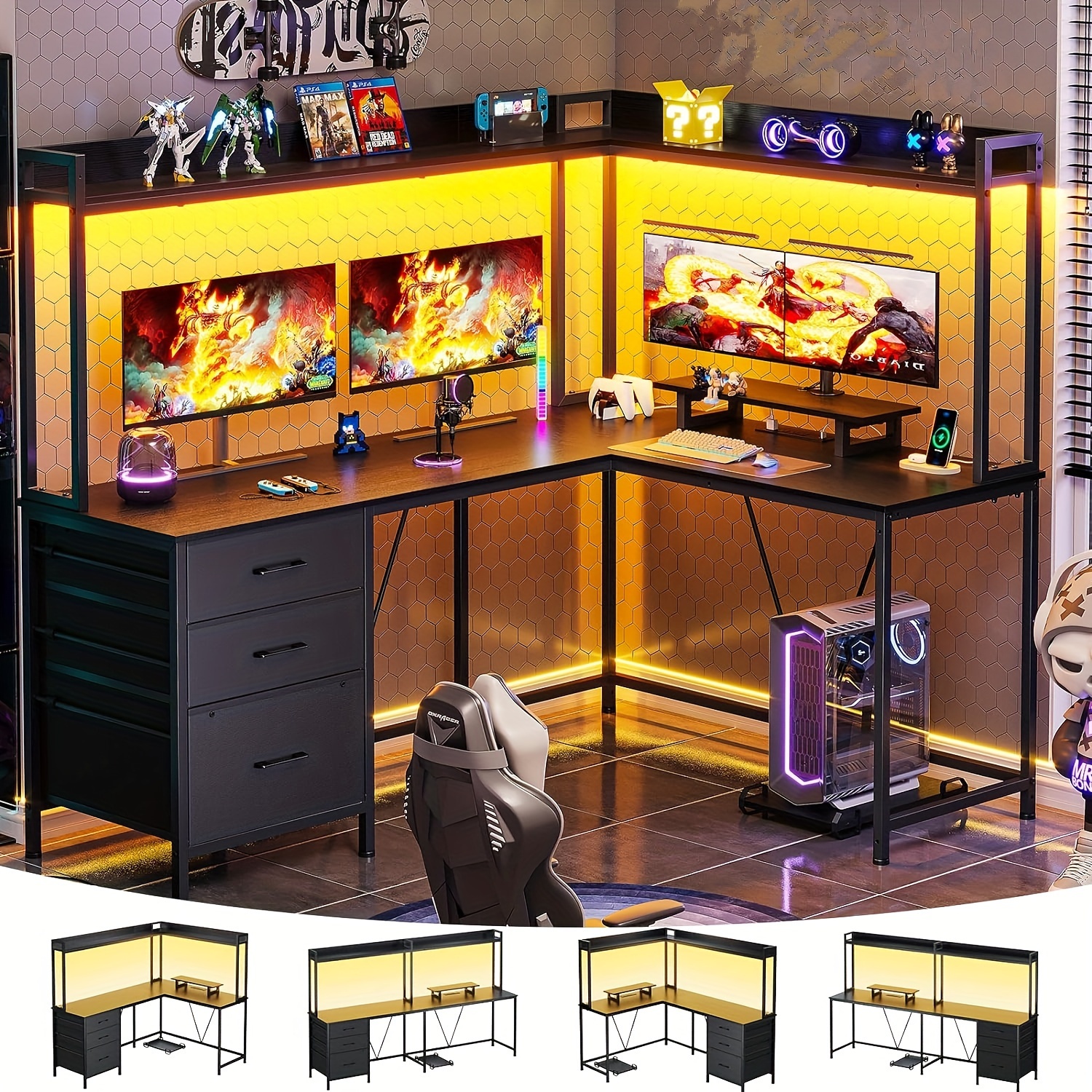 

L Shaped Gaming Desk With Hutch And Drawers, Reversible Corner Computer Desk With 3 Drawers And Storage Shelves, Black Home Office Desks, Black