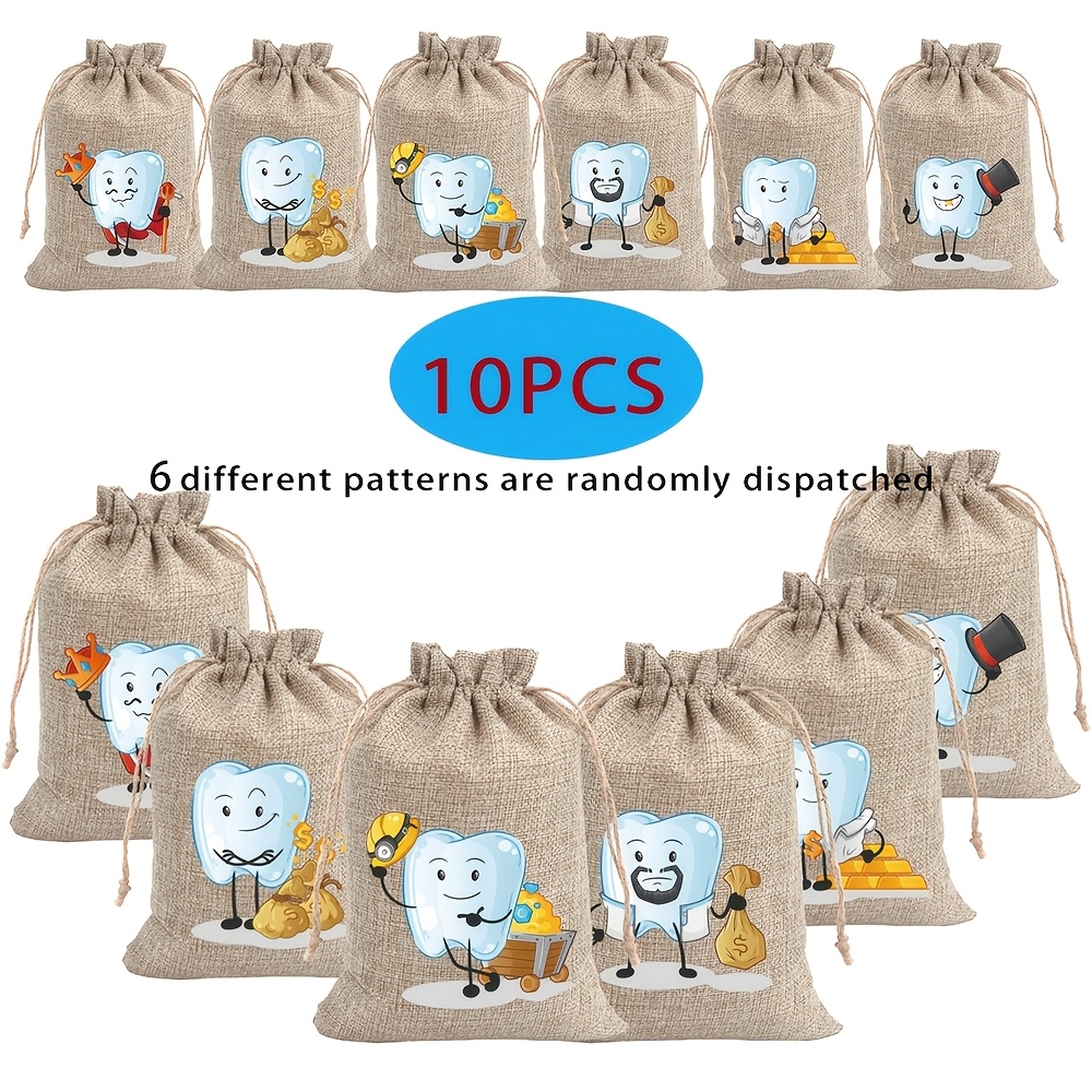 TEMU 10pcs Tooth Fairy Bags, Drawstring Burlap Gift Bags With Random Patterns, Souvenir Packaging And Storage Bag Set. Tooth Collection Bags. For
