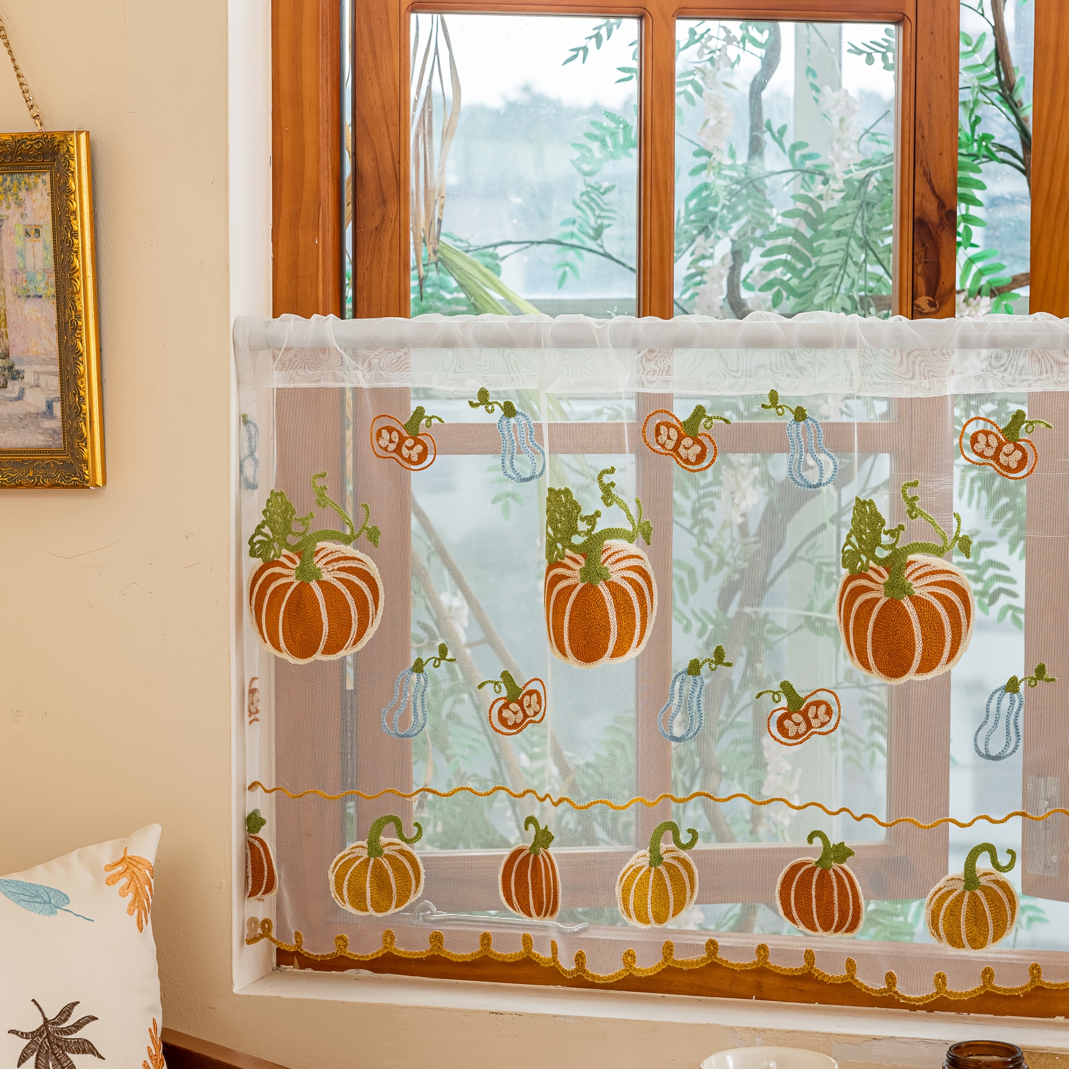TEMU 1pc Pumpkin Autumn Festival Embroidered Colorful Sheer Curtain With Rod For Easy Hanging, Perfect For Living Room And Bedroom Decor Curtains For