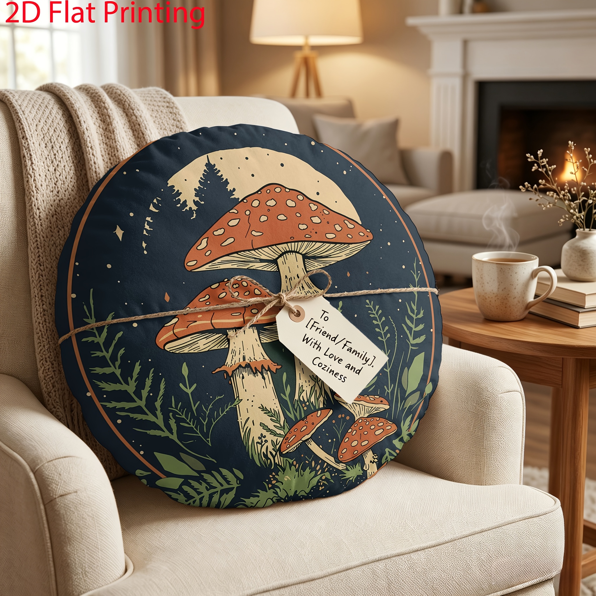 TEMU Vintage Boho 1pc Throw Cushion With Fly Mushroom Starry Night Design, 2d Flat Printing, Soft Seat Pillow For Living Room Bedroom Reading Nook,