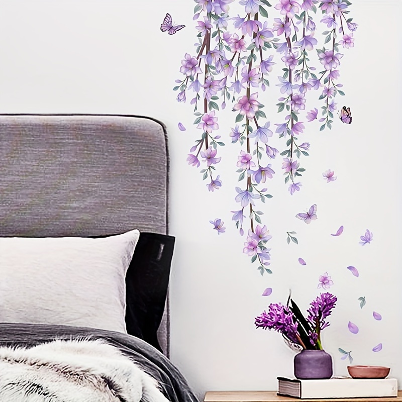 Image of 1pc Purple Floral Vine Room Decoration Wall Sticker Living Room Bedroom Decorative Wall Mural