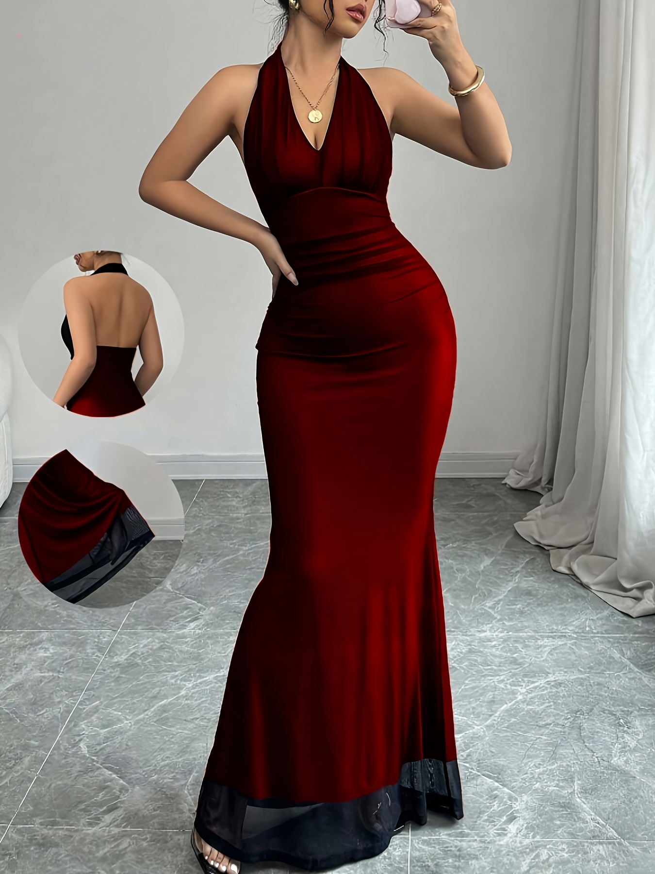 women sleeveless mermaid evening gown halter neck v neck - Temu Mauritius