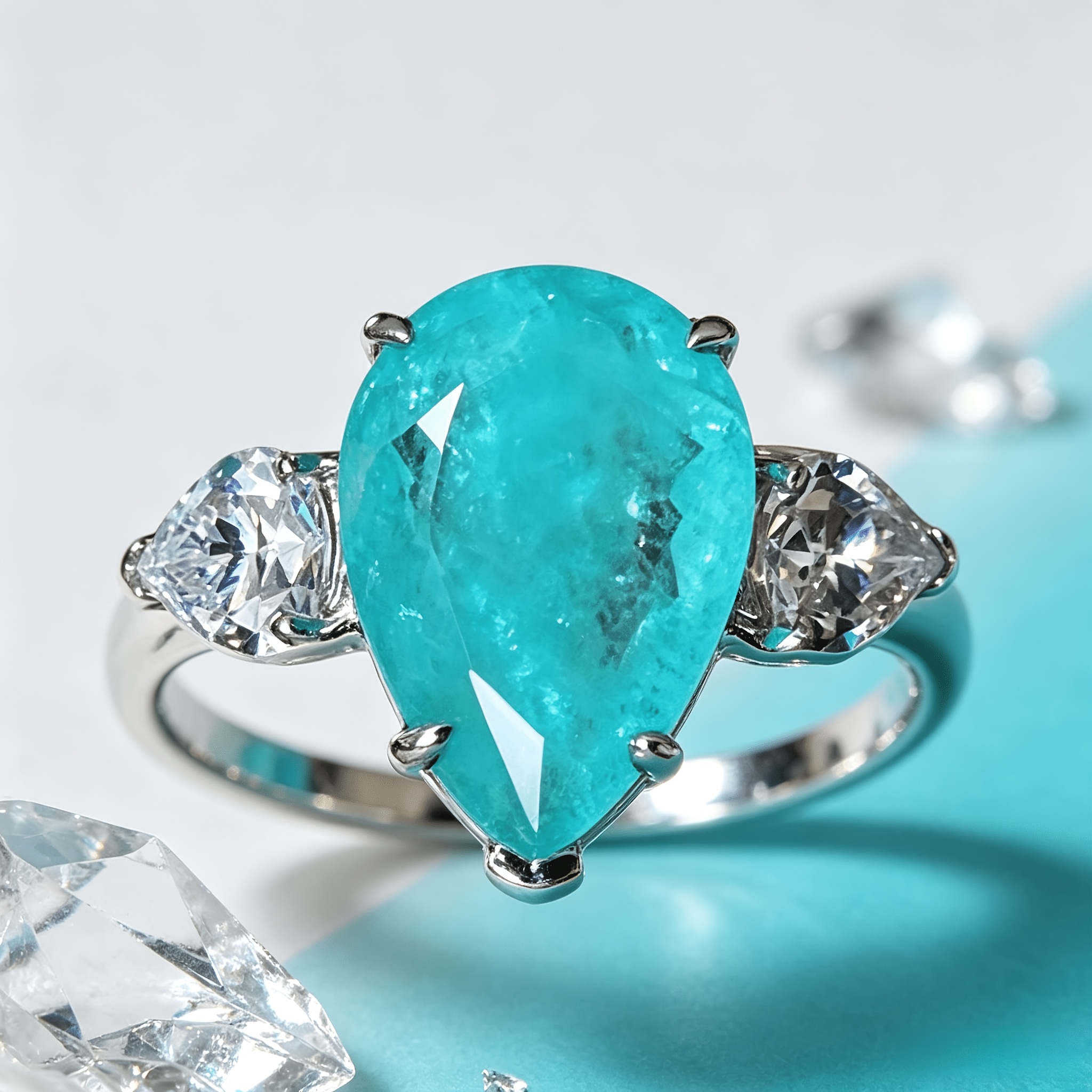 Women's Teardrop Blue-Green Gemstone Ring in Silvery Setting