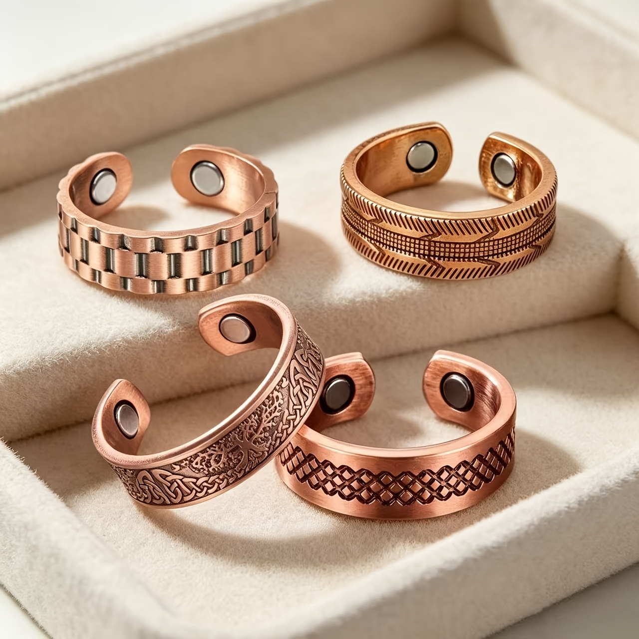 TEMU 4pcs Vintage Red Copper Open Magnetic Ring Set, Engraved With Chain Pattern, Geometric Texture, Tree Of Life And Celtic Knot , Adjustable Open