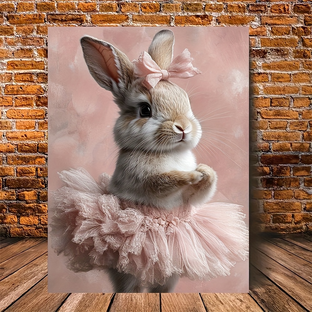 TEMU 2d Flat, 1pc Framed Whimsical Rabbit Ballerina Canvas Wall Art - 11.8x15.7 Inch Pink Detail, Soft Pastel Background, Ready-to-hang Animal Print