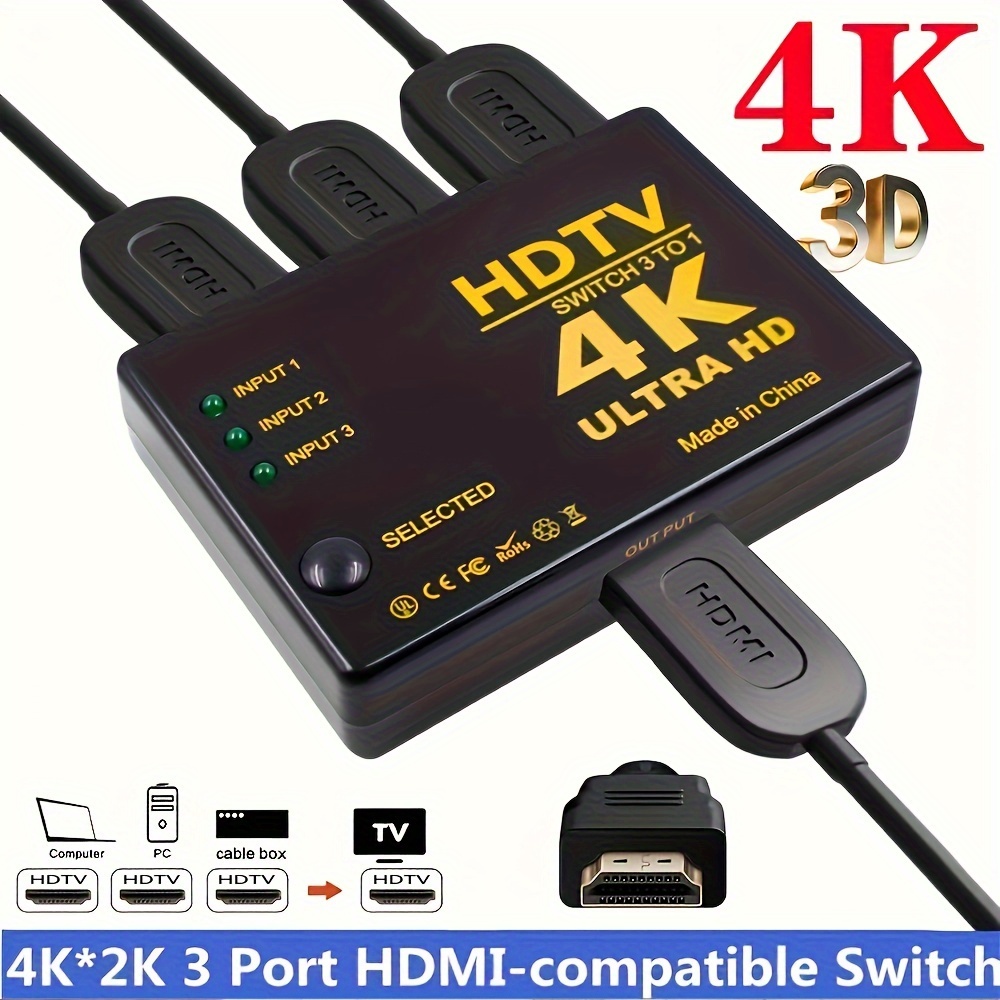 4K HDMI Switch,3 Port HDMI Switch, HDMI Switcher Splitter 3 in 1 Out, HDMI  Hub for TV DVD Fire Stick Chromecast Roku Laptop Playstation Xbox, Supports