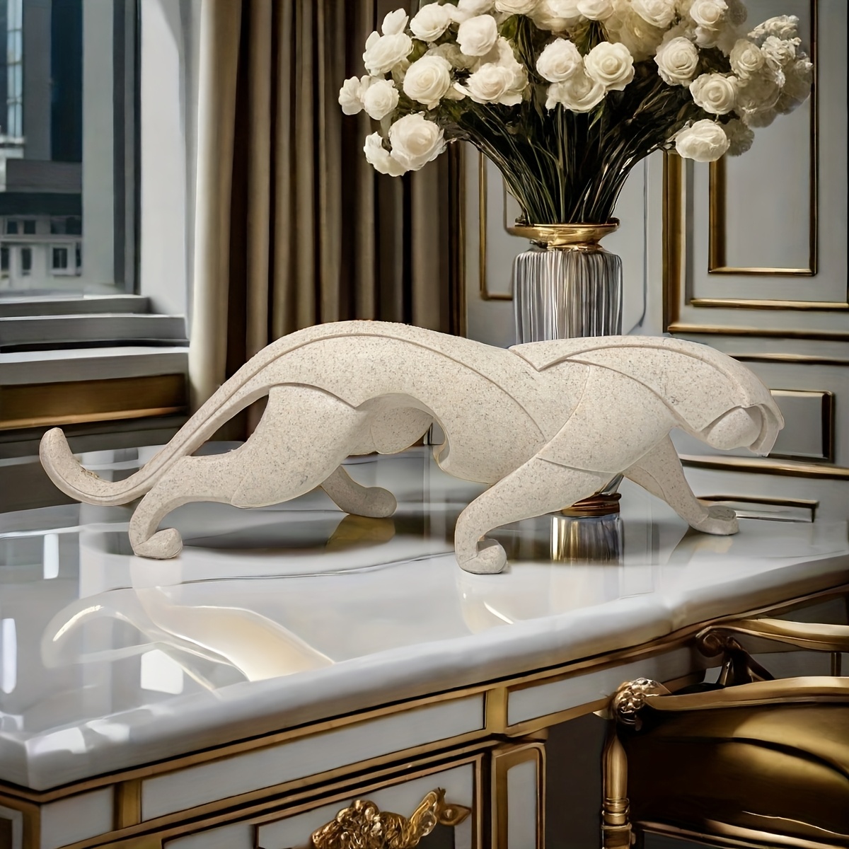 Hand Carved Resin Walking Leopard Statue Ornament, Textured Study Office Desktop Decoration, Business Office Space Decoration Ornament