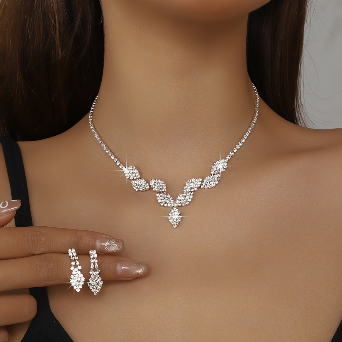 TEMU Conjunto de Collar y Aretes Elegantes con Piedras de Estrás de Hoja para Accesorios de Fiesta
