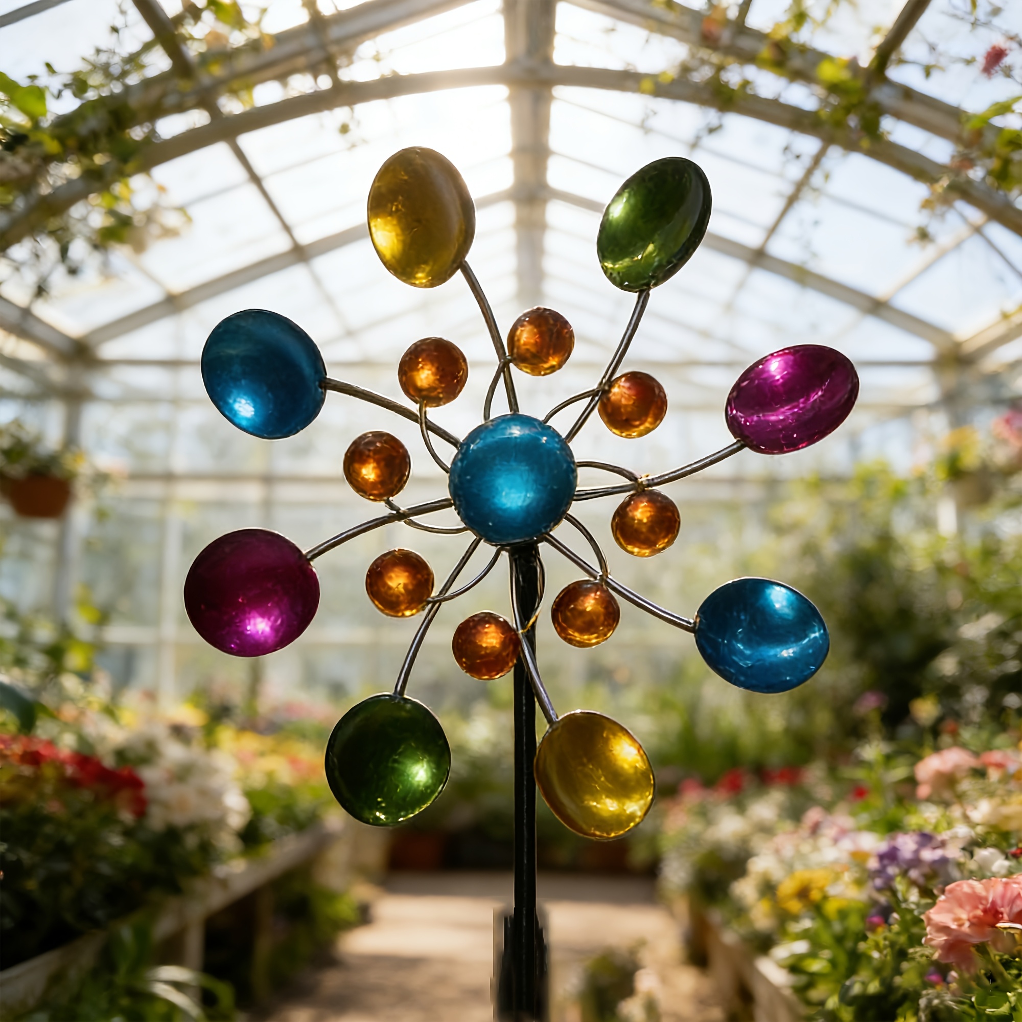 Image of 1pc Windmill | 360° Rotation, Garden Stake, Iron Spinning Yard Art, Wind Sculpture For Lawn, Patio & Outdoor Garden Decor, Contemporary Style, Flower Theme, No Electricity Needed