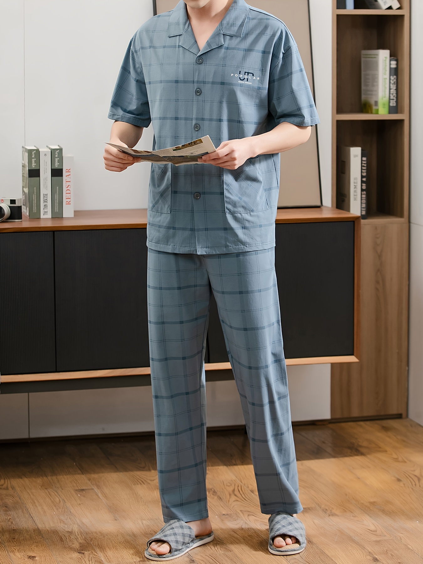 Plus Size 2 Pcs Men's 100.00% Cotton Plaid Print Lapel Short Sleeve & Trousers Pajama Set, Comfy & Skin-friendly Style Pajamas For Men's Cozy Loungewear
