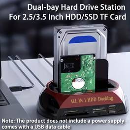 station de disque dur à double baie pour hdd/ssd 2,5/3,5 pouces carte tf - usb 2.0 vers 2,5 3,5 sata ide châssis externe à double fente avec lecteur de carte intégré & hub usb 2.0, compatible avec hdd ssd ide sata i/ii/iii 2,5 3,5