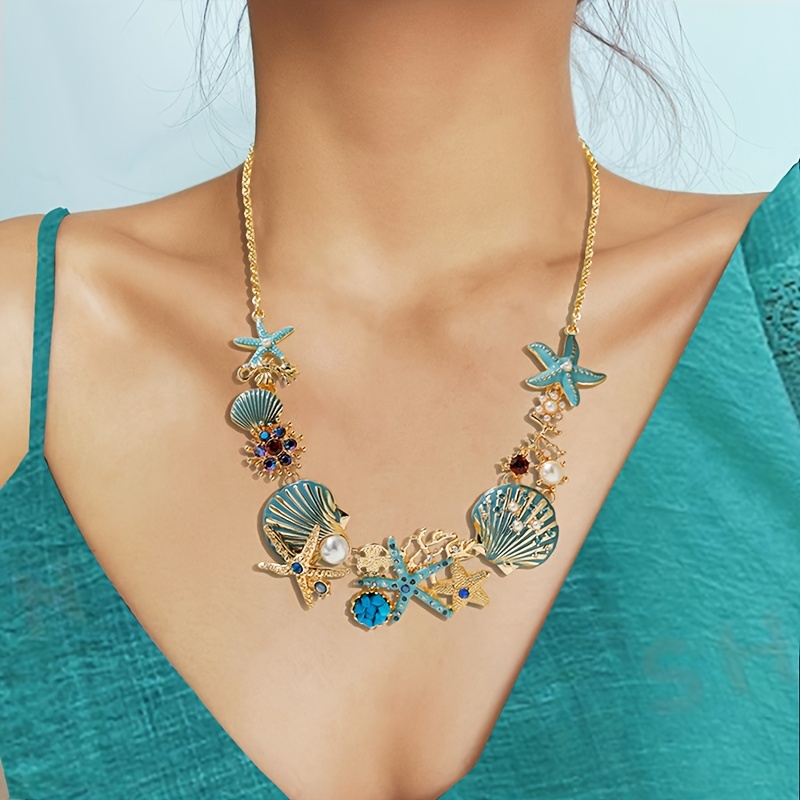 TEMU Bohemian Beach Necklace With Shell, Starfish And Pearl Embellishments - Women's Alloy Clavicle Chain | Holidays And Parties