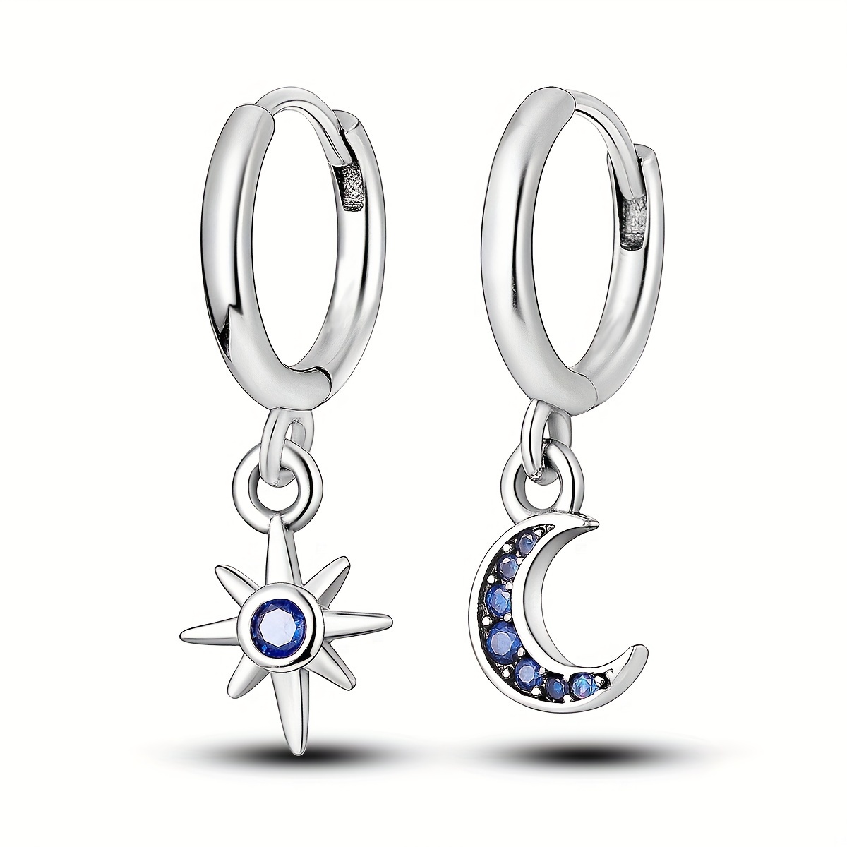 TEMU Elegant Ladies' Earrings With A Featuring A Moon And Star Pattern In Blue Zirconia, Made Of High-quality 925 Sterling Silver To Reduce Allergies, Weighing 2.1 Grams, A Perfect Jewelry Gift.