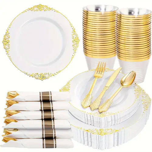 175pcs white and golden plastic plates pre rolled napkins with plastic cutlery for 25 guests golden disposable plates 75 golden plastic silverware 25cups 25napkins for valentines day wedding party