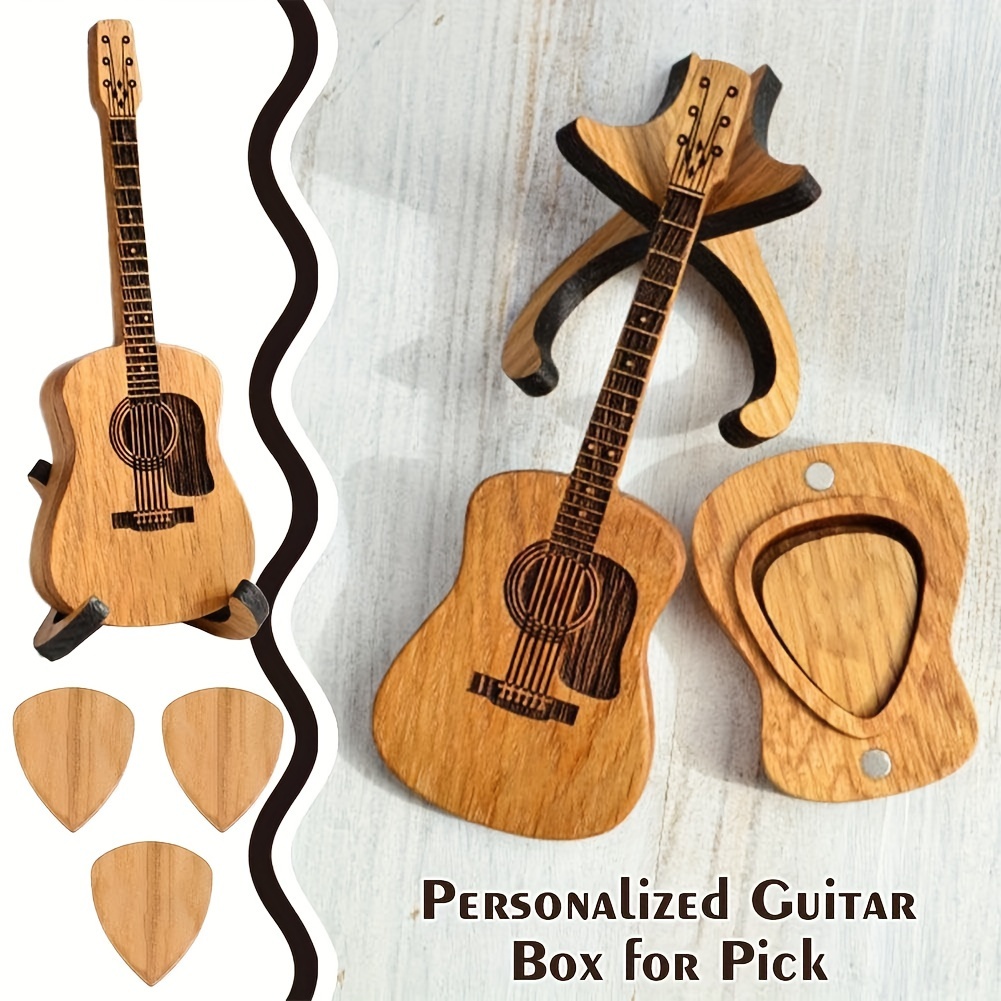 

Wooden Guitar-shaped Pick Holder With Stand And 3 Wood Picks Set - Vintage Style Guitar Pick Storage Box