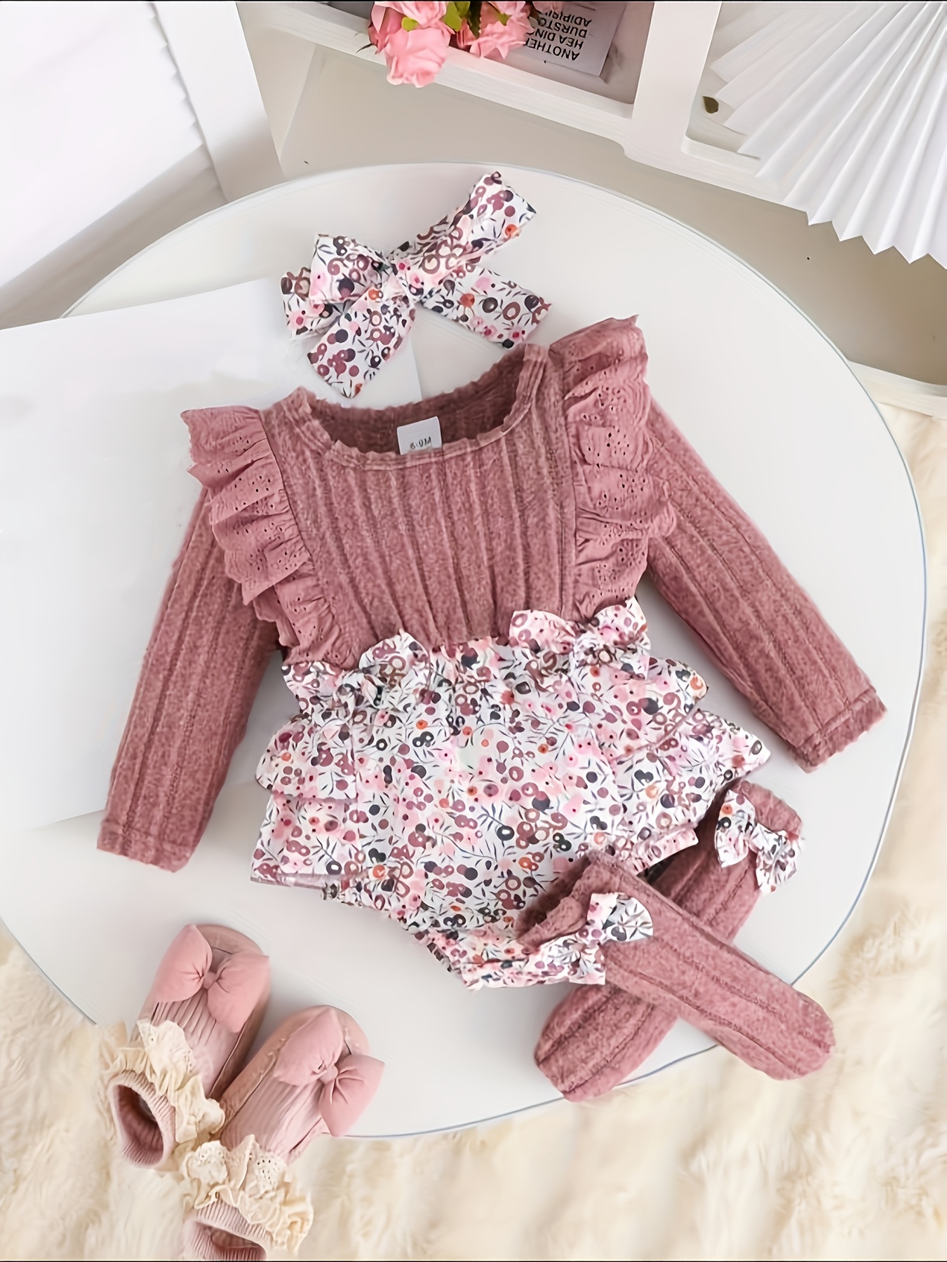 3pcs Girls' Floral Print Ruffled Sleeve Smock Dress with Ruffled Collar & Leg Warmers Set - Soft Pink & White Puff Sleeves, Machine Washable Winter Outfit with Matching Socks for to 6m, Easter & Casual Attire, Adorable Long Sleeve Dress with Ruffled 