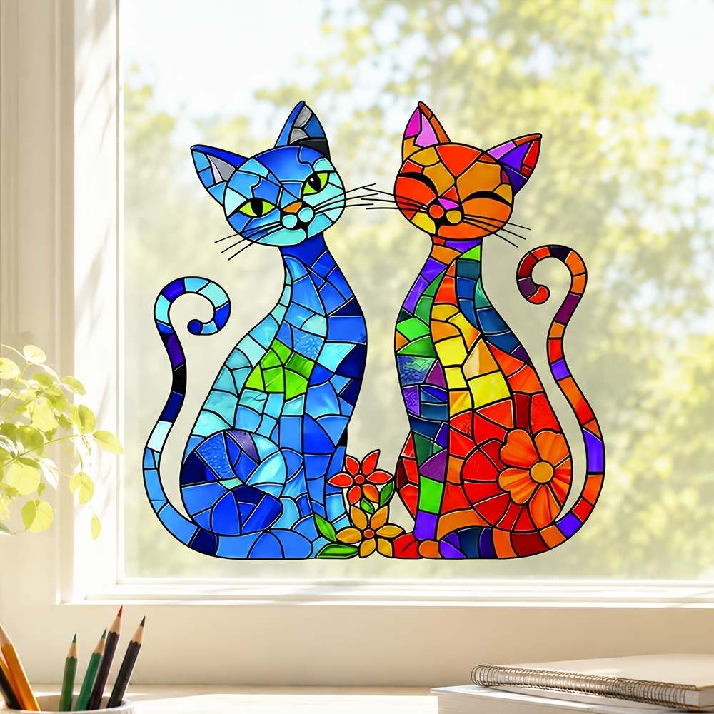 TEMU 1 autocollant de fenêtre rétro en verre coloré patchwork avec double chat, animal, adsorption électrostatique réutilisable, motif à carreaux et