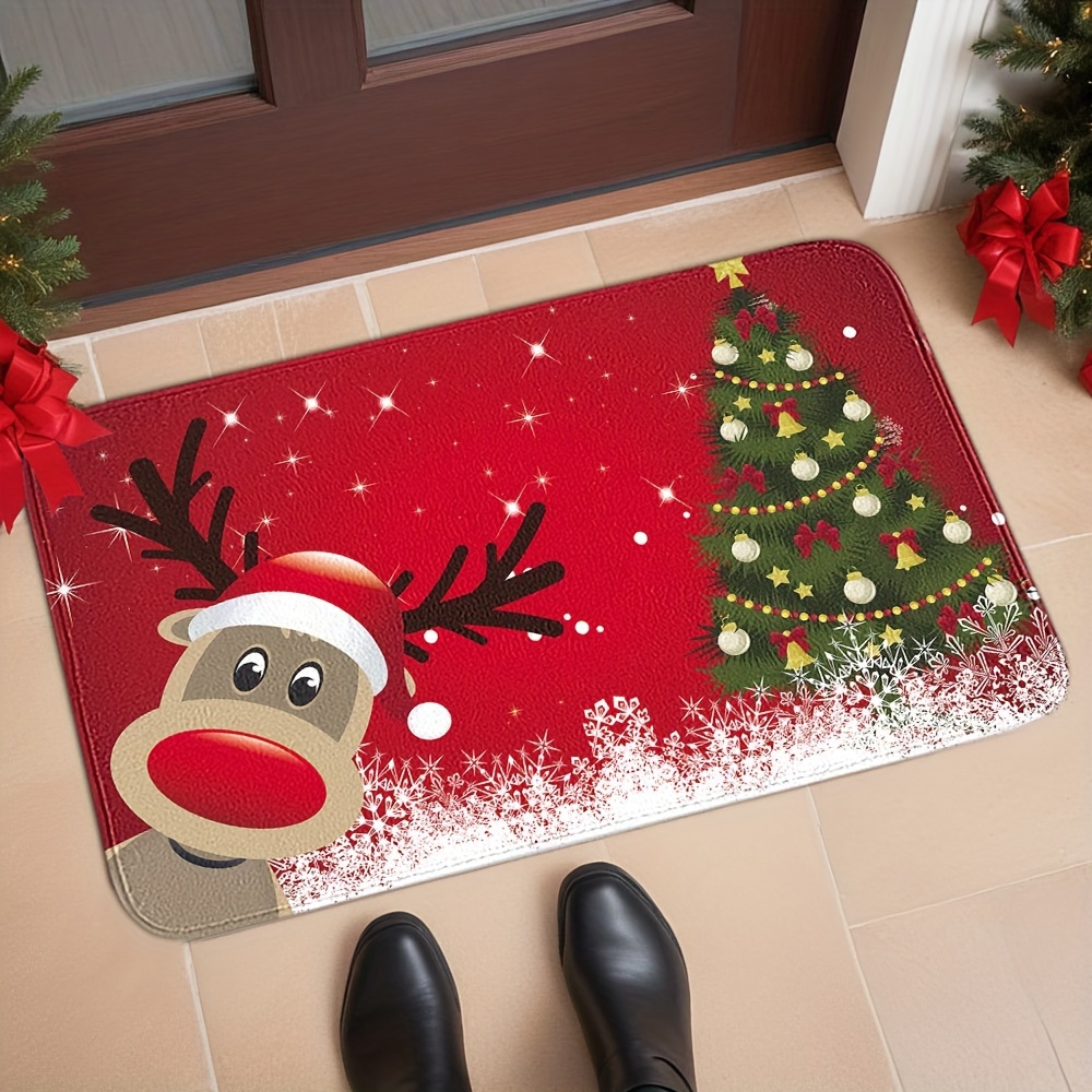 

Christmas Cheer Red Deer & Tree Print Door Mat - Anti-slip, Stain-resistant Polyester Rug For Home Entrance, Bedroom, Living Room, Kitchen - Lightweight, Machine Washable