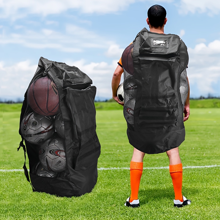 großvolumiger sportrucksack - strapazierfähige nylon-mesh-tasche für fußball- & basketball-trainingsausrüstung, schwarz