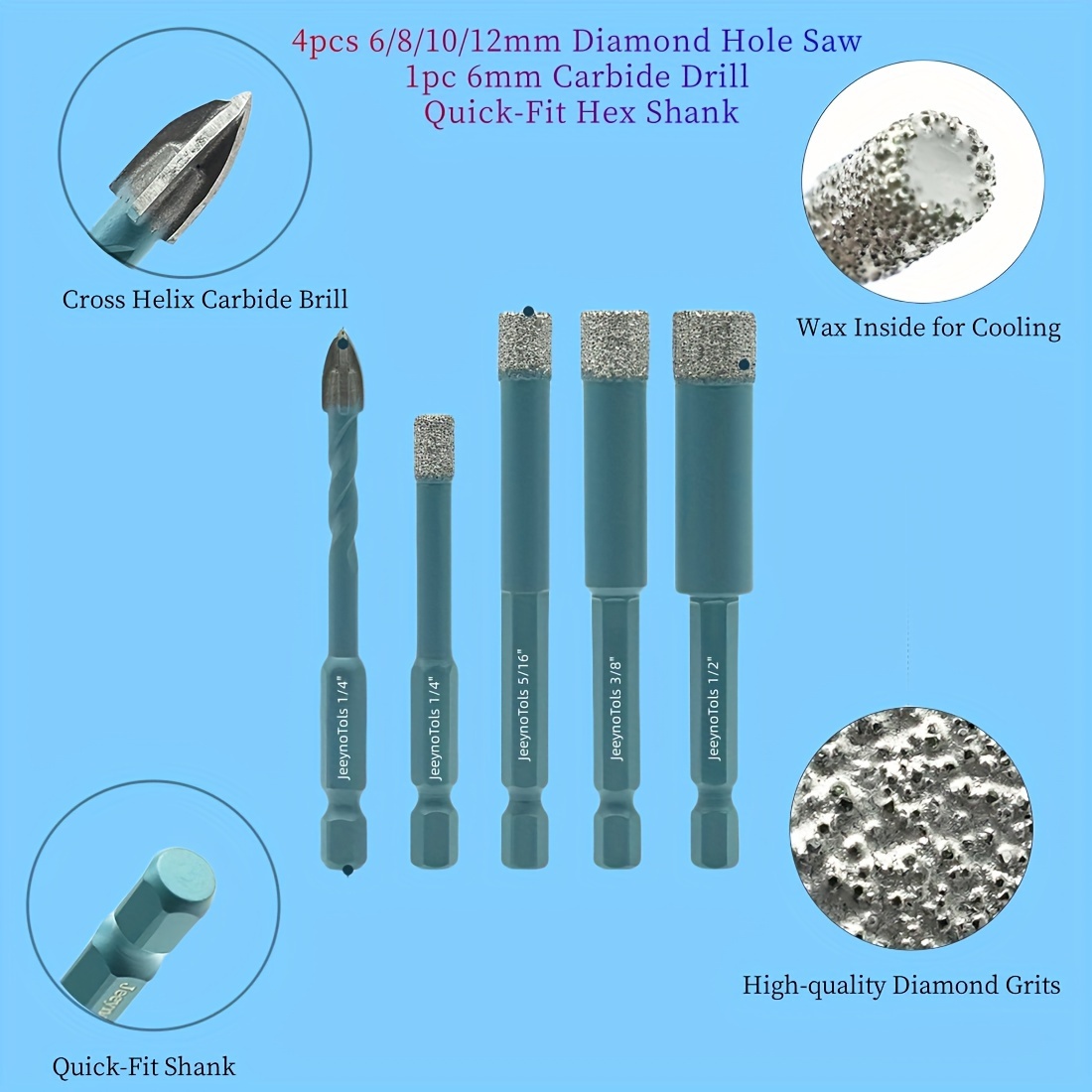 5pcs Drill Bits, 4pcs 6/8/10/12mm Diamond & 1pc 6mm Carbide Drill -fit Hex Shank Quality, Vacuum Brazed, For Porcelain Ceramic Tile Marble Quartz Vacuum Brazed Drill Bits, Drill Bit, Tile Drill Bit