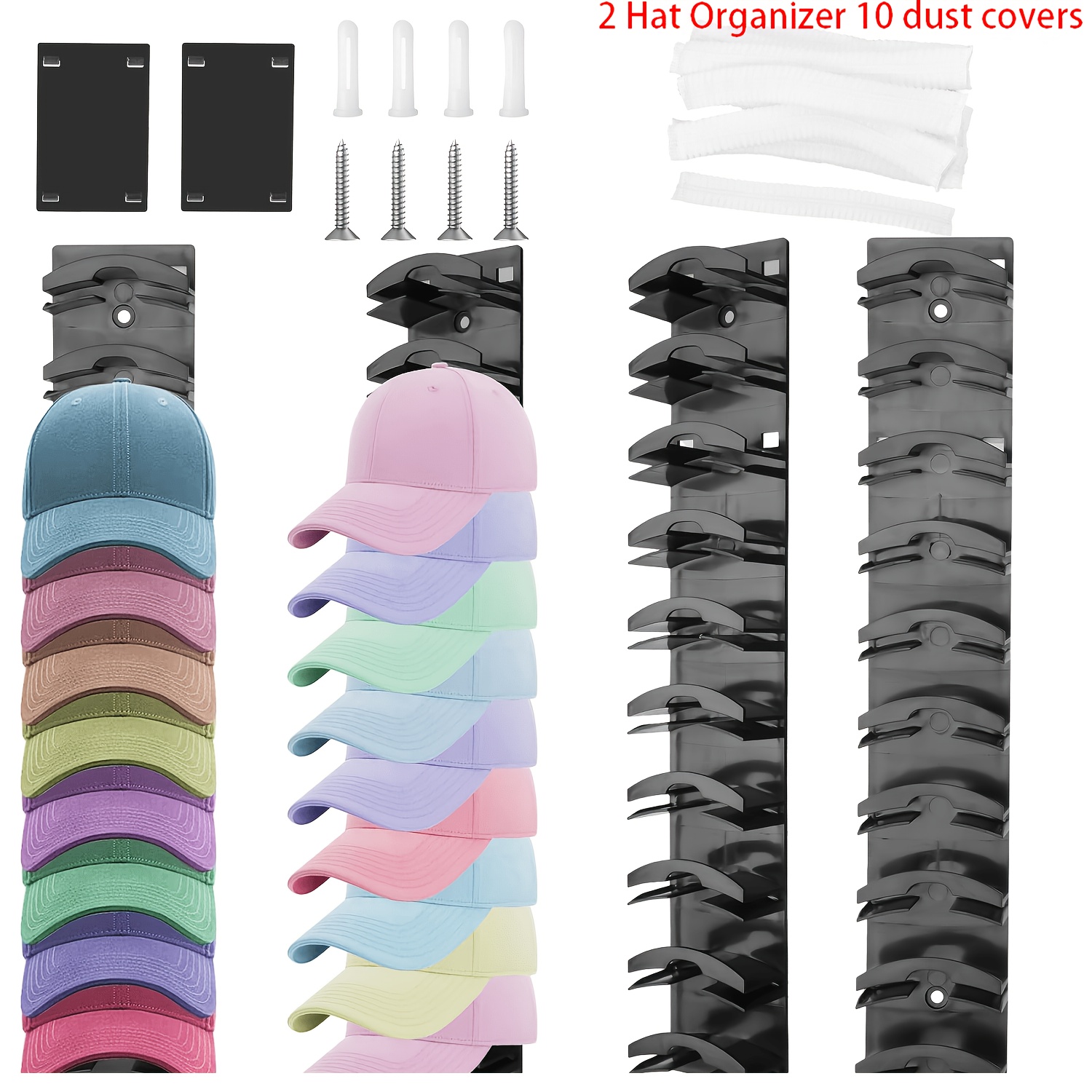 TEMU 2pcs Wall-mounted Baseball Storage Rack- Strong Adhesive Can Hold 20 Hats,10pcs Covers, Durable Plastic Hat Hooks With Secure Curved Hooks,