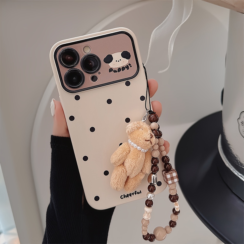 

White Rice, Black Polka Dot Dog + Little Bear Brown Bead Rope, Suitable For Full Coverage Anti-drop Protective Case For 15 14 13 12 Pro Max