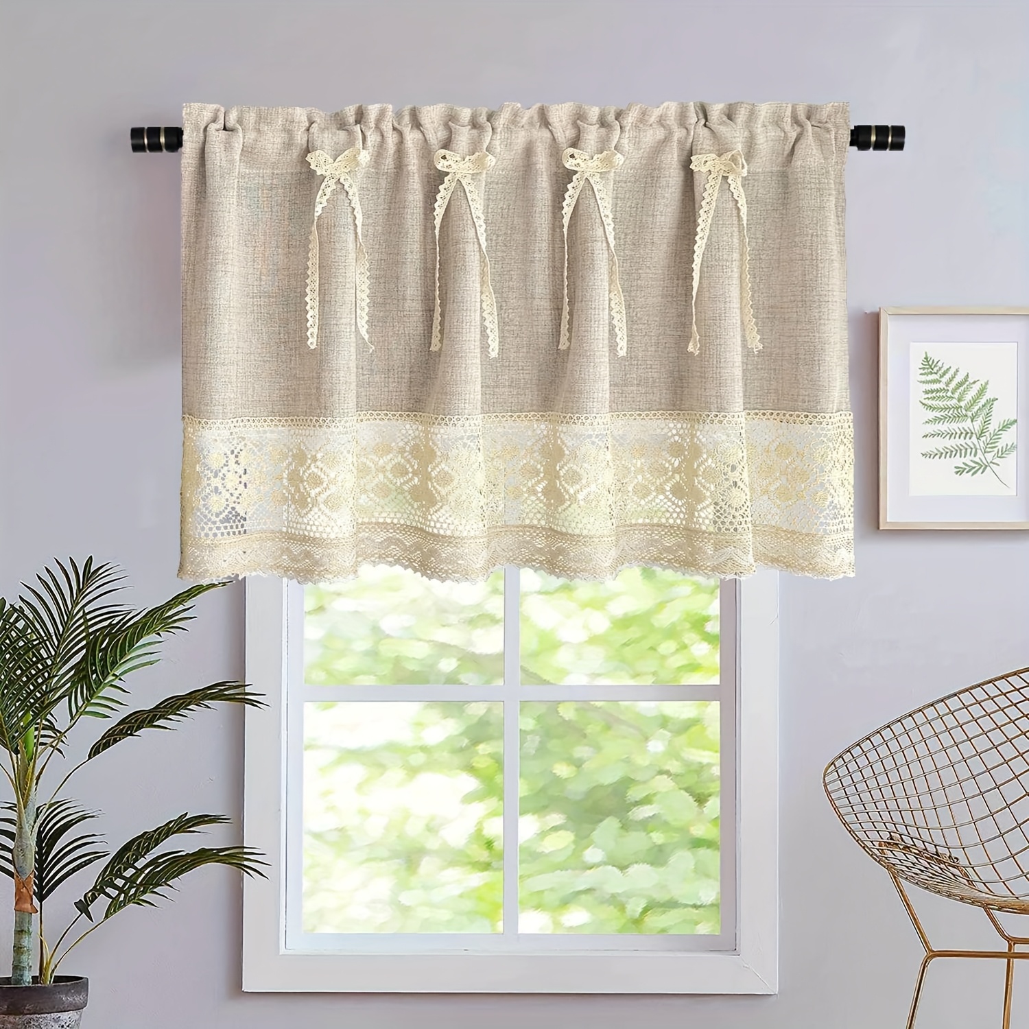 TEMU 1pc Vintage Crochet Splicing -like Short Curtain With Bow For Kitchen, Cafe, Or Small Windows - Light Filtering, Rod Pocket Top, Romantic
