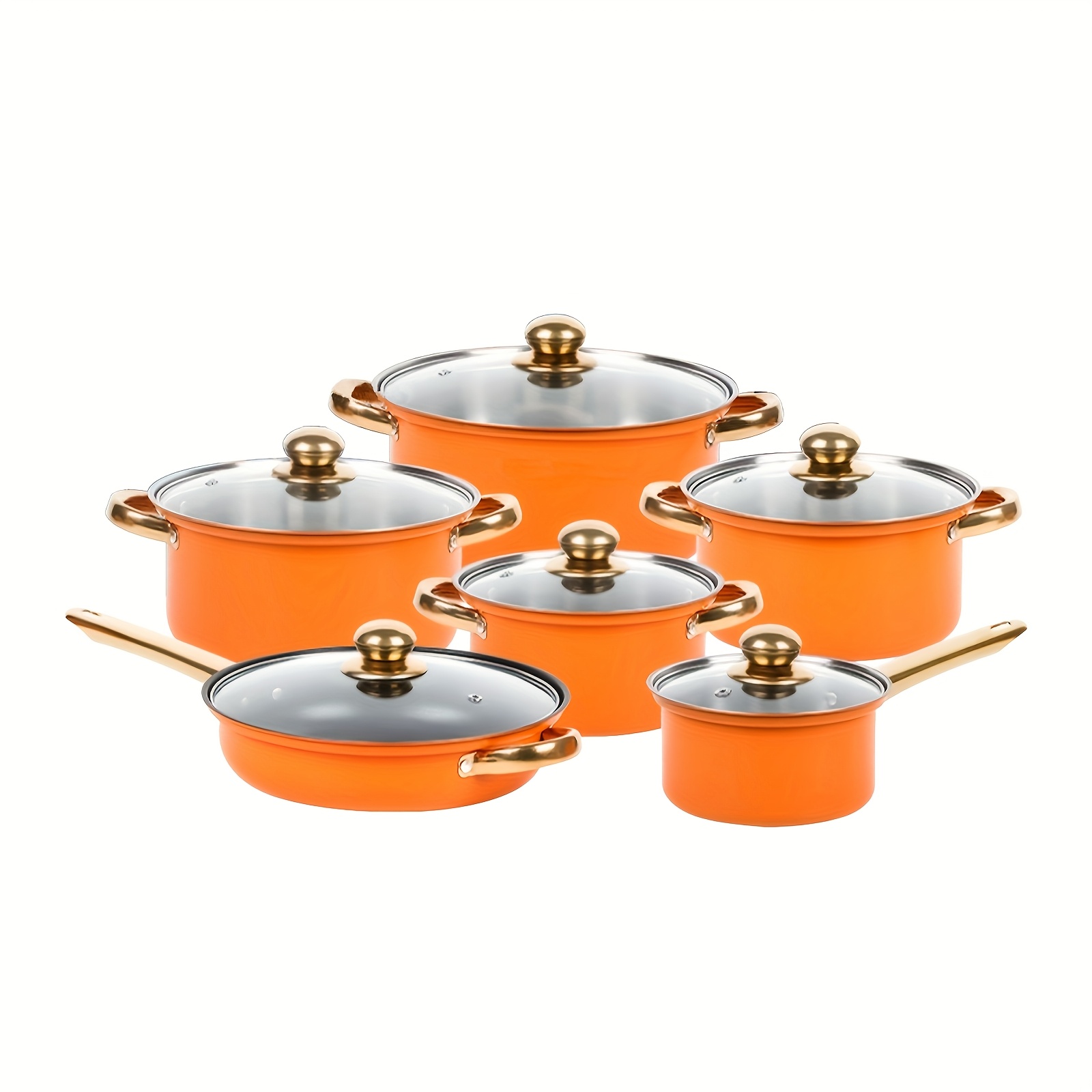 home use stainless steel 12pcs orange non stick cookware set soup pot frying pan milk pot and   kitchen utensils with   glass lids suitable for cooking   cuisines Product details 0