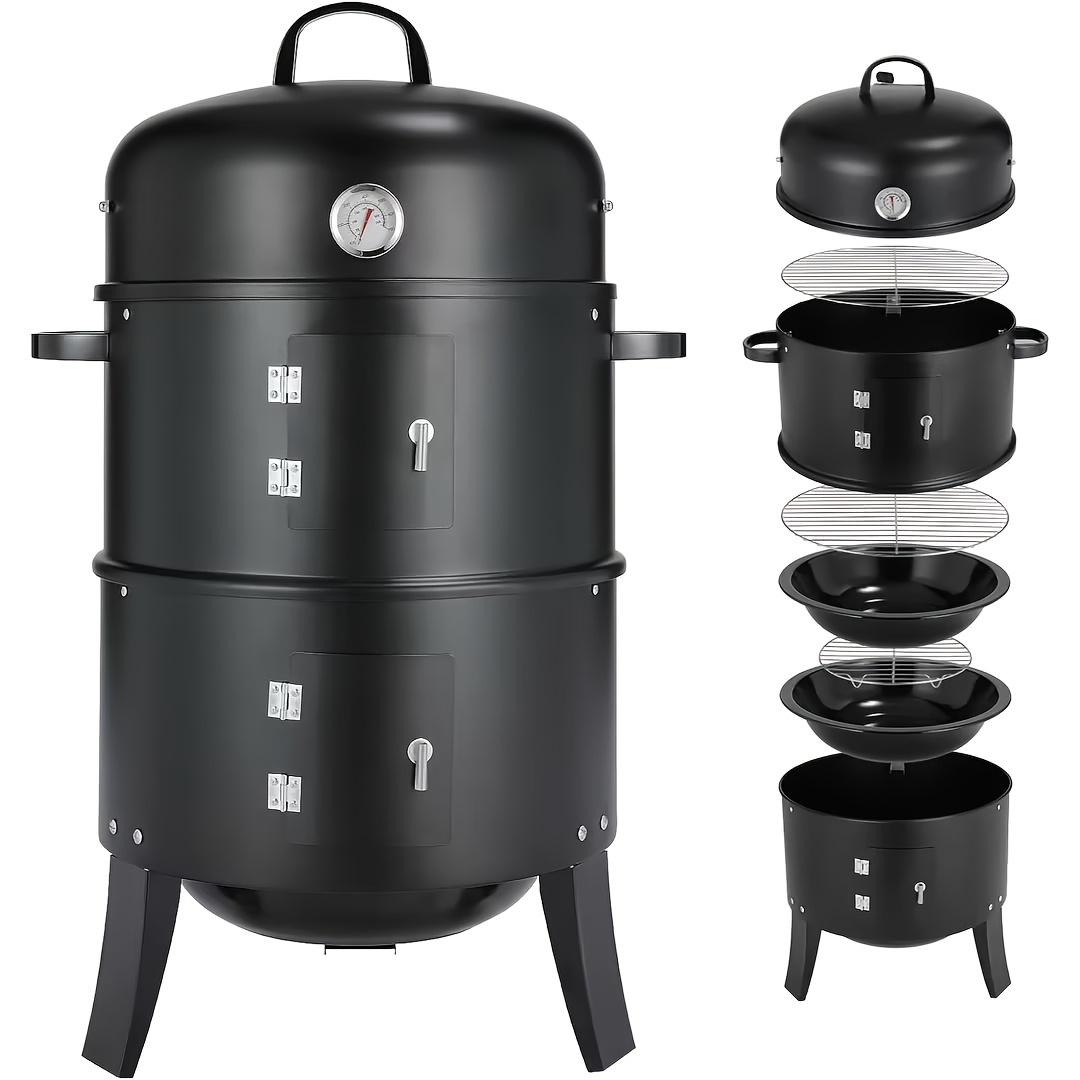 Image of 3in 1 Grill, Smoking , Grill With Lid & Thermometer, 2 Stainless Steel , 2 Enamel Water Bowls, Smoking Barrel, Water , Charcoal Grill