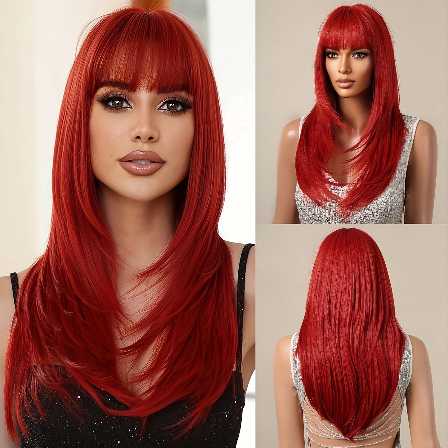 

Elegant 22" Red Layered Straight Wig With Bangs For Women - Heat Resistant Synthetic Hair, , Cosplay & Halloween Parties