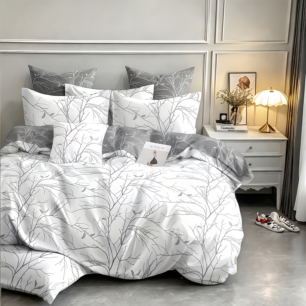 3pcs Solid Color With Printed Branch Pattern Personalized Duvet Cover Set, Includes 1pc Duvet Cover And 2pcs Pillowcases Without Core, Zipper Closure, Machine Washable