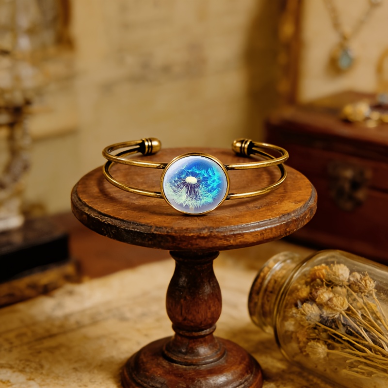 Antique Cyan Double-Layer Adjustable Opening Bracelet, Dandelion Design