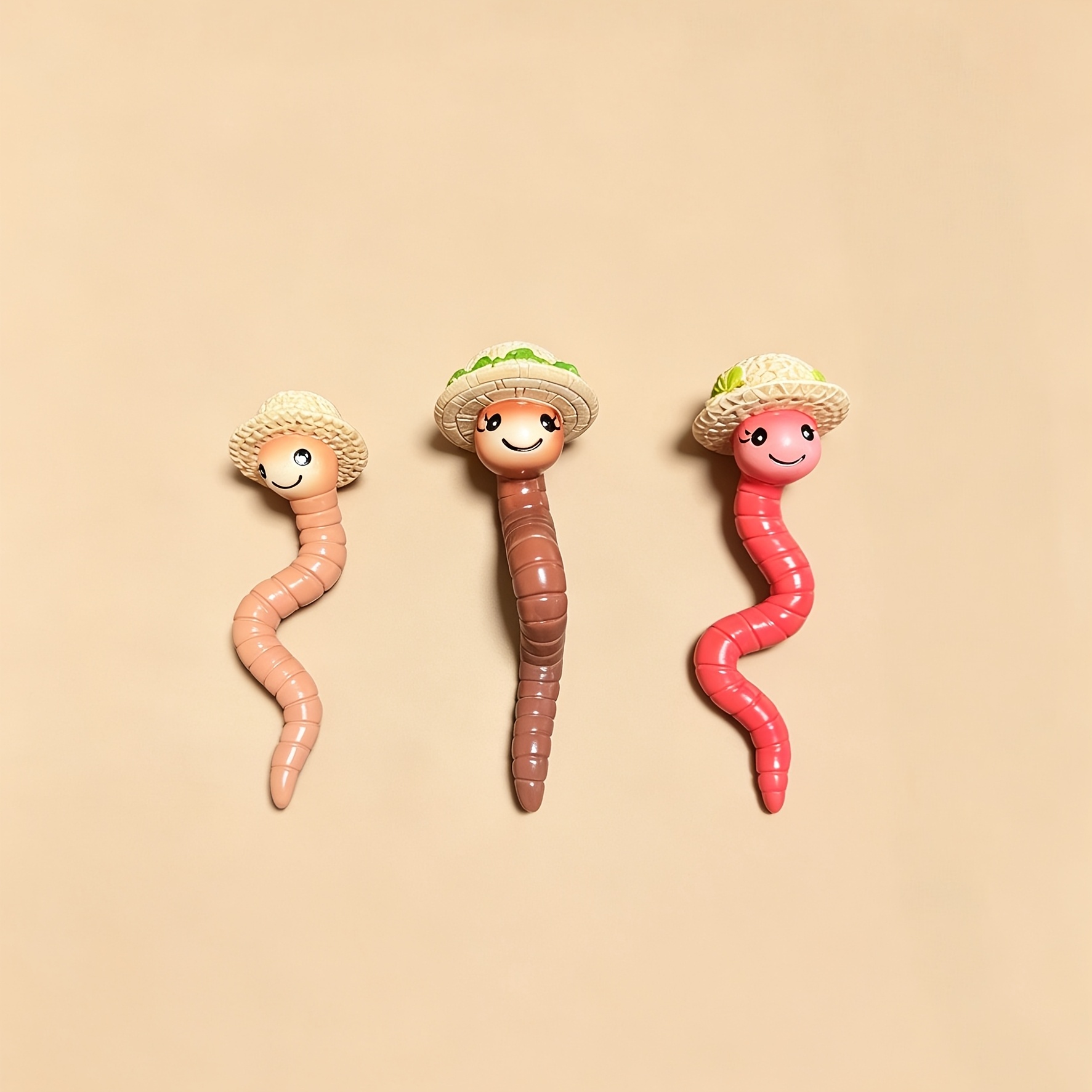 E-shop 3er-Set Niedliche Strohhut-Wurm-Familie Garten-Stick-In - Magische Garten 3D Wurm Harz Mikro Landschaftsskulptur, Frühlingsboden Atmosphäre