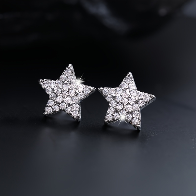 TEMU 1 Pair Silvery/golden Copper Full Cz Earrings, Unisex Star Earrings, Men's Gift, Cute Sparkly , Perfect For Daily Wear, Dating And Holiday