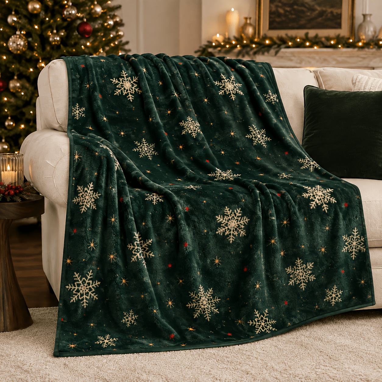TEMU Couverture, Couverture d'hiver vert foncé Étoile de nuit Neige Noël, Couverture douce à motif de de neige blanc lait Étoile dorée Point,