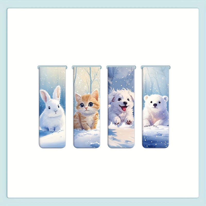 Image of Set Of 4 Adorable Magnetic Bookmarks Featuring A Rabbit, Cat, Bear, And Dog, Perfect For Book Lovers And As Gifts For And