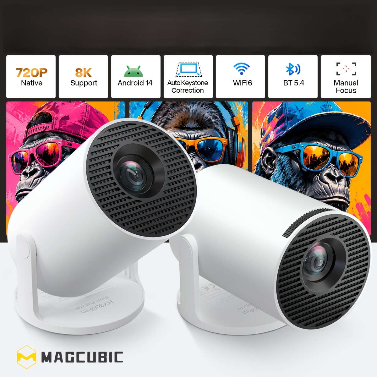 Image of Magcubic Smart With Wifi6 Bt5.4 - 0.9:1 Short Throw - Remote Control - Native 720p Support 8k - 180° Flexible Rotating- 400ansi - For Home Theater, Office Bedroom