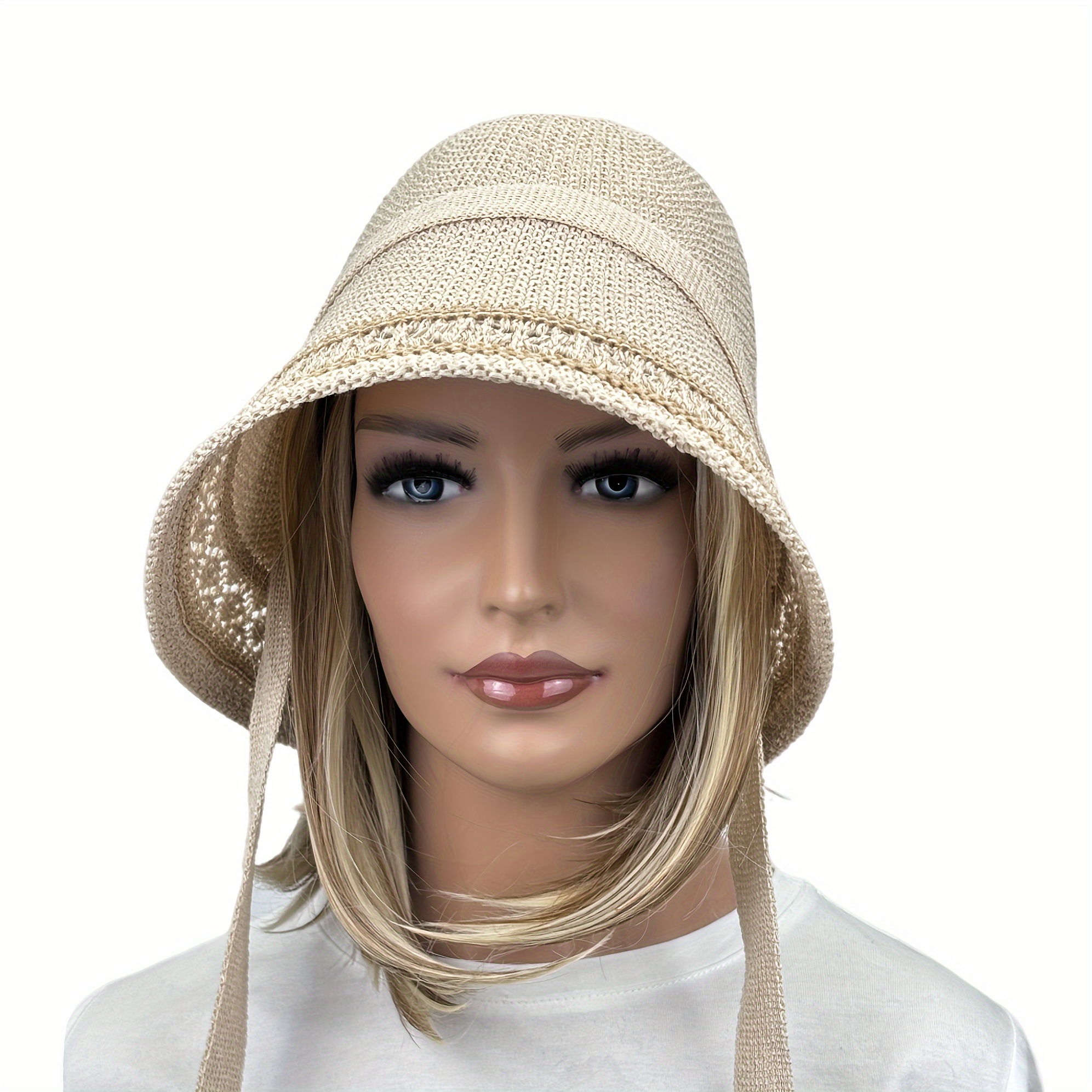 Women's Sun Hat Wide Brim Ribbon Knitted Bucket Hat Foldable - Temu