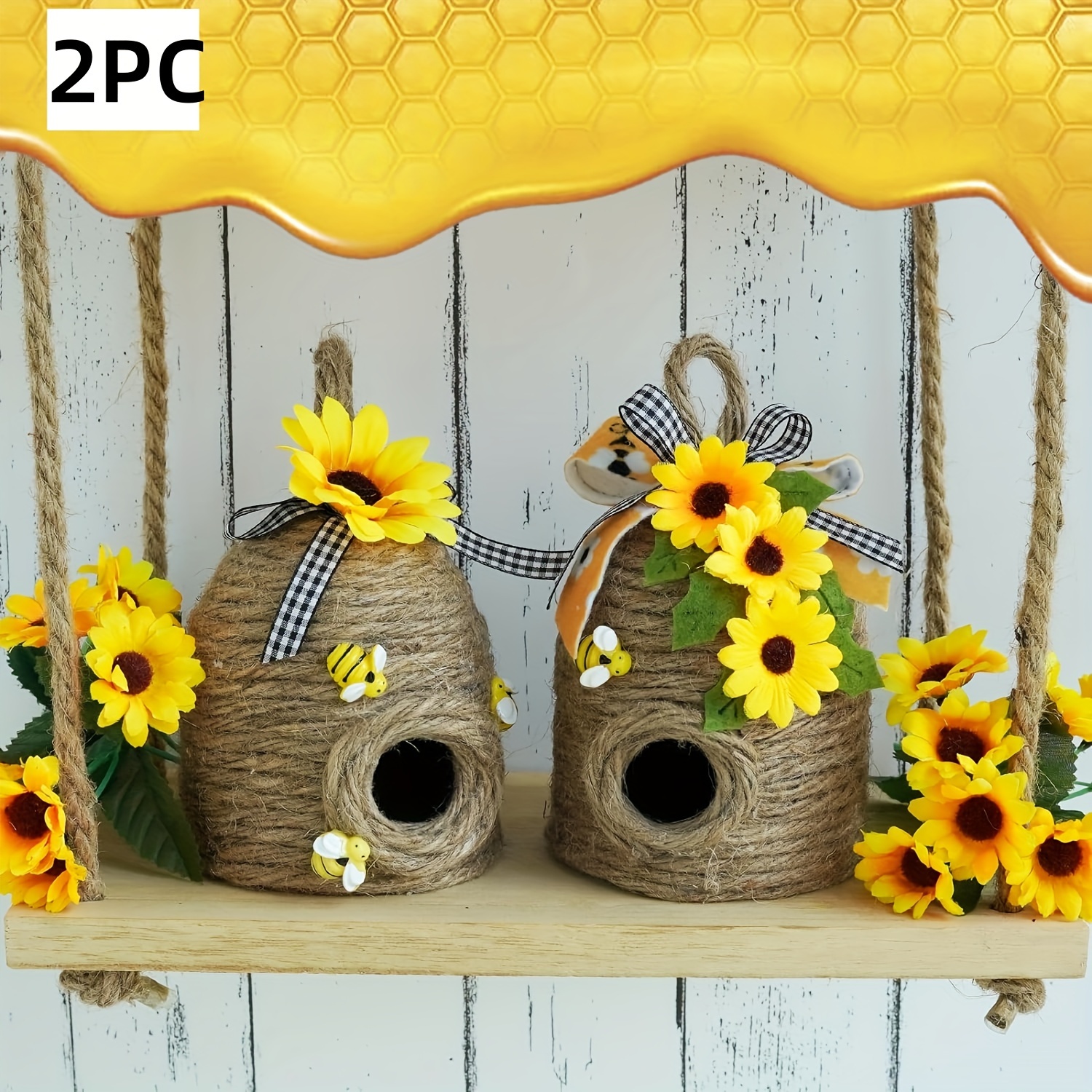 

2pcs, Bee Hive Decor, 2 Pack Bumble Bee Rustic Decor Hive, Natural Bee House, Bumble Bee Theme Party Decor Spring Summer Rustic Farmhouse Kitchecn Table Decor, Honey Bee Tiered Tray Decor