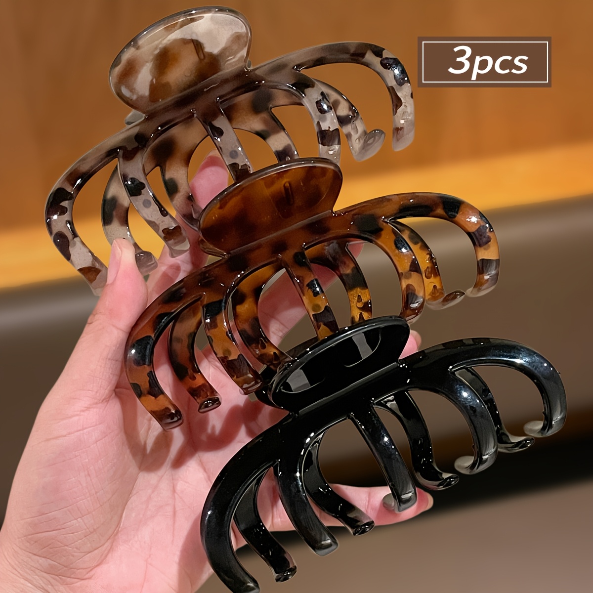 TEMU 3pcs Pinces à Cheveux Sirène Grandes Imprimé Léopard, Pinces Requin Vintage Faciles et Stables Antidérapantes, Adaptées aux Chignons de Cheveux
