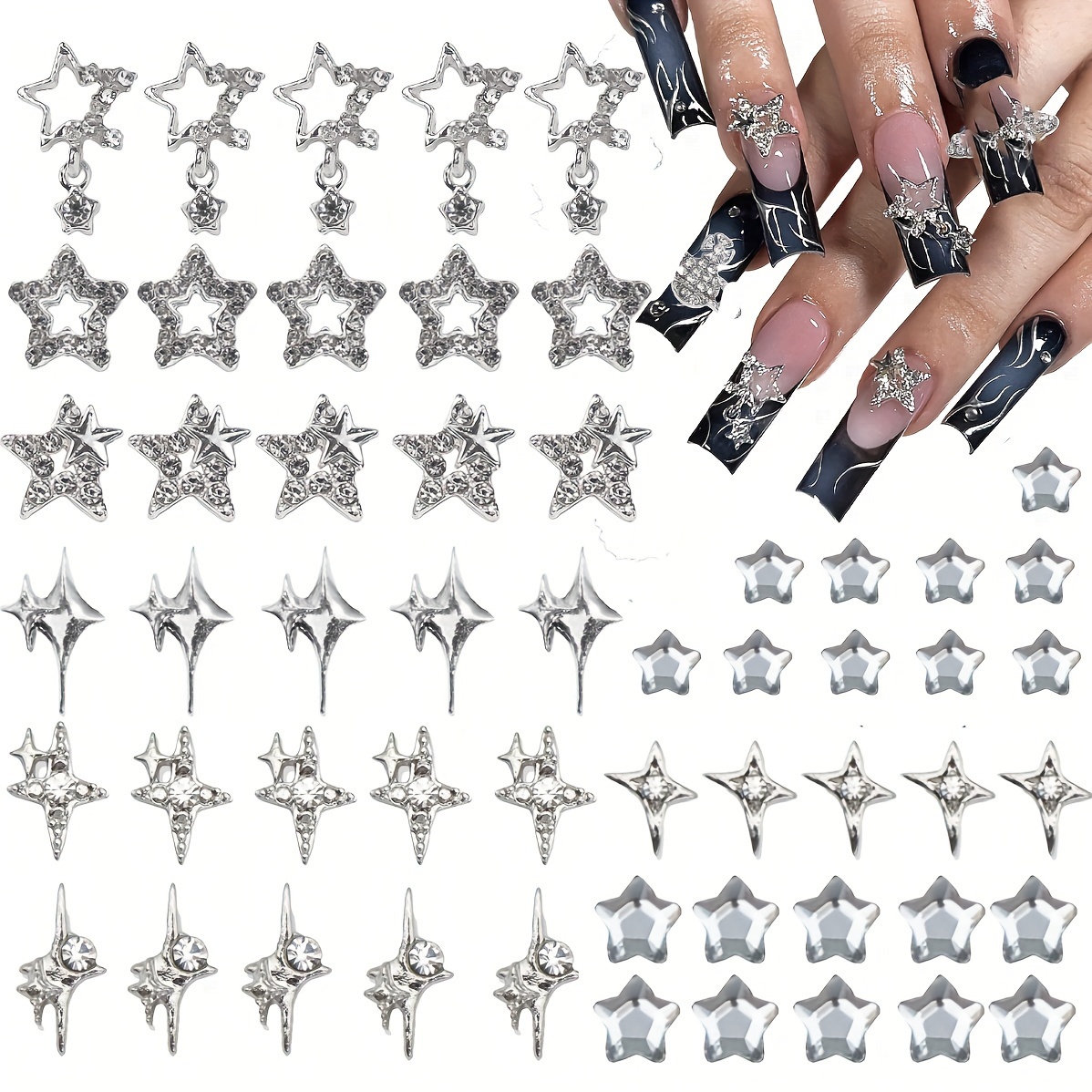 

55pcs Silvery Set - 3d Alloy Rhinestones For , Y2k Art Decorations, 9 Styles