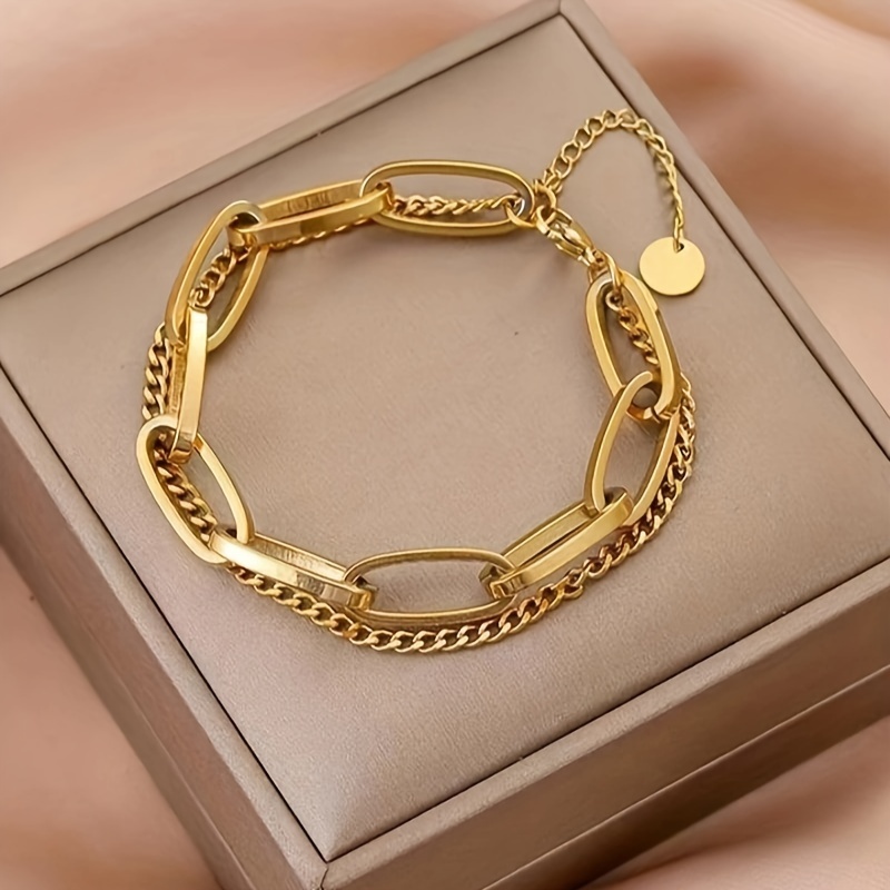 Elegant Double-layered Golden Stainless Steel Bracelet For Women - Perfect For Weddings & Parties, Boho Chic Style