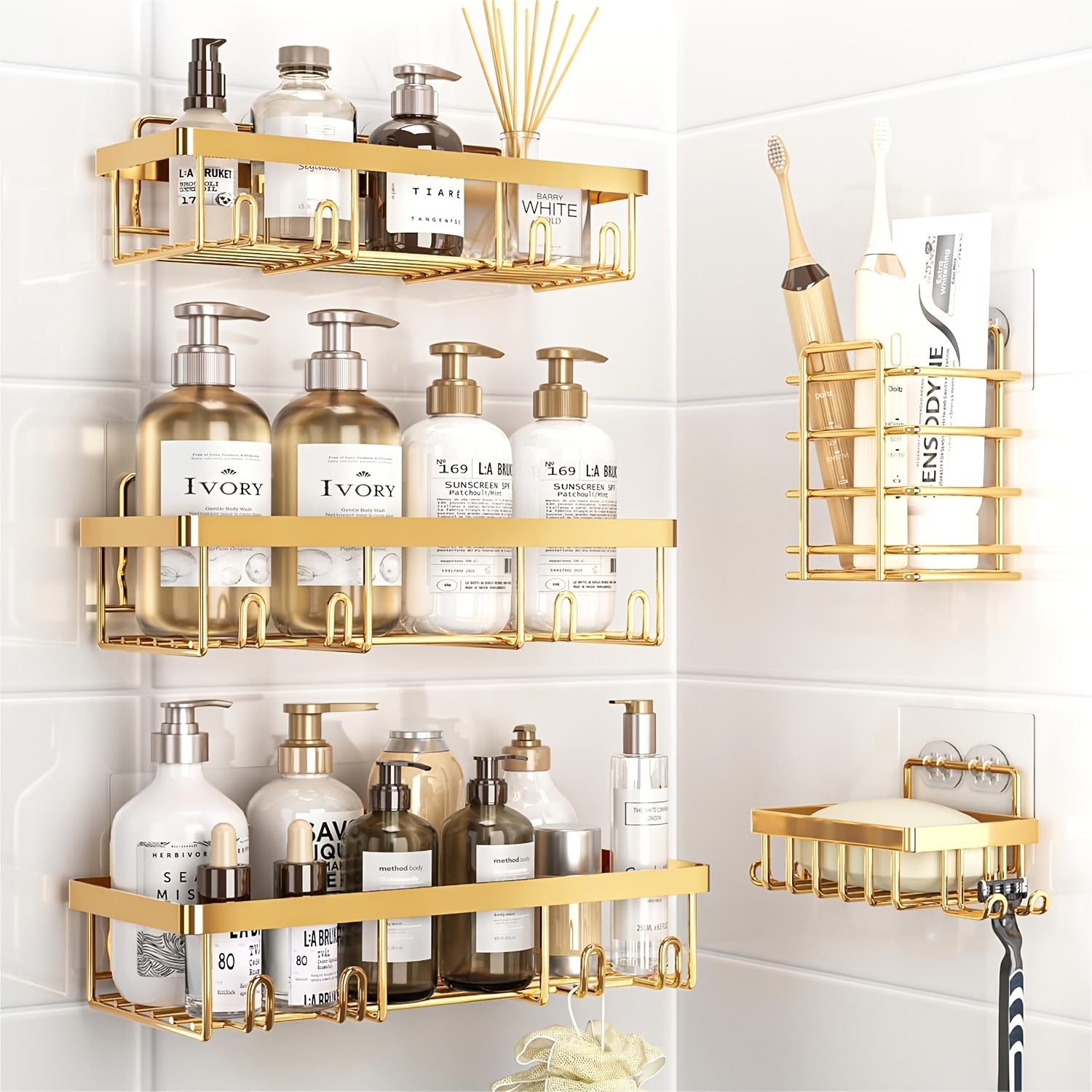 TEMU Shower Caddy, 5 Pack Shower Organizer Rack For Inside Shower, Self Adhesived Shower Shelf Large Capacity Rustproof Stainless Steel Bathroom Wall