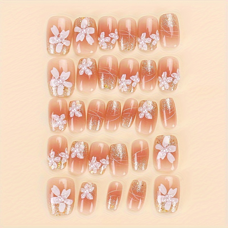 30pcs short square press on nails floral glitter design white pink glossy   nails for hands feet   reusable nail art stickers nail accessories beauty enhancement chic   decorative pressons Product details 2